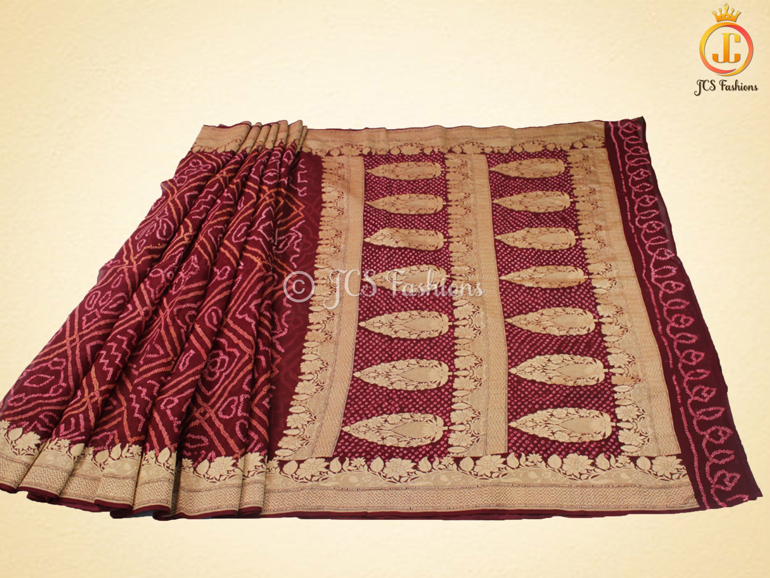 Maroon Pure Khaddi Georgette Rai Bandhej Saree, Silk Mark Certified SAREE JCS Fashions