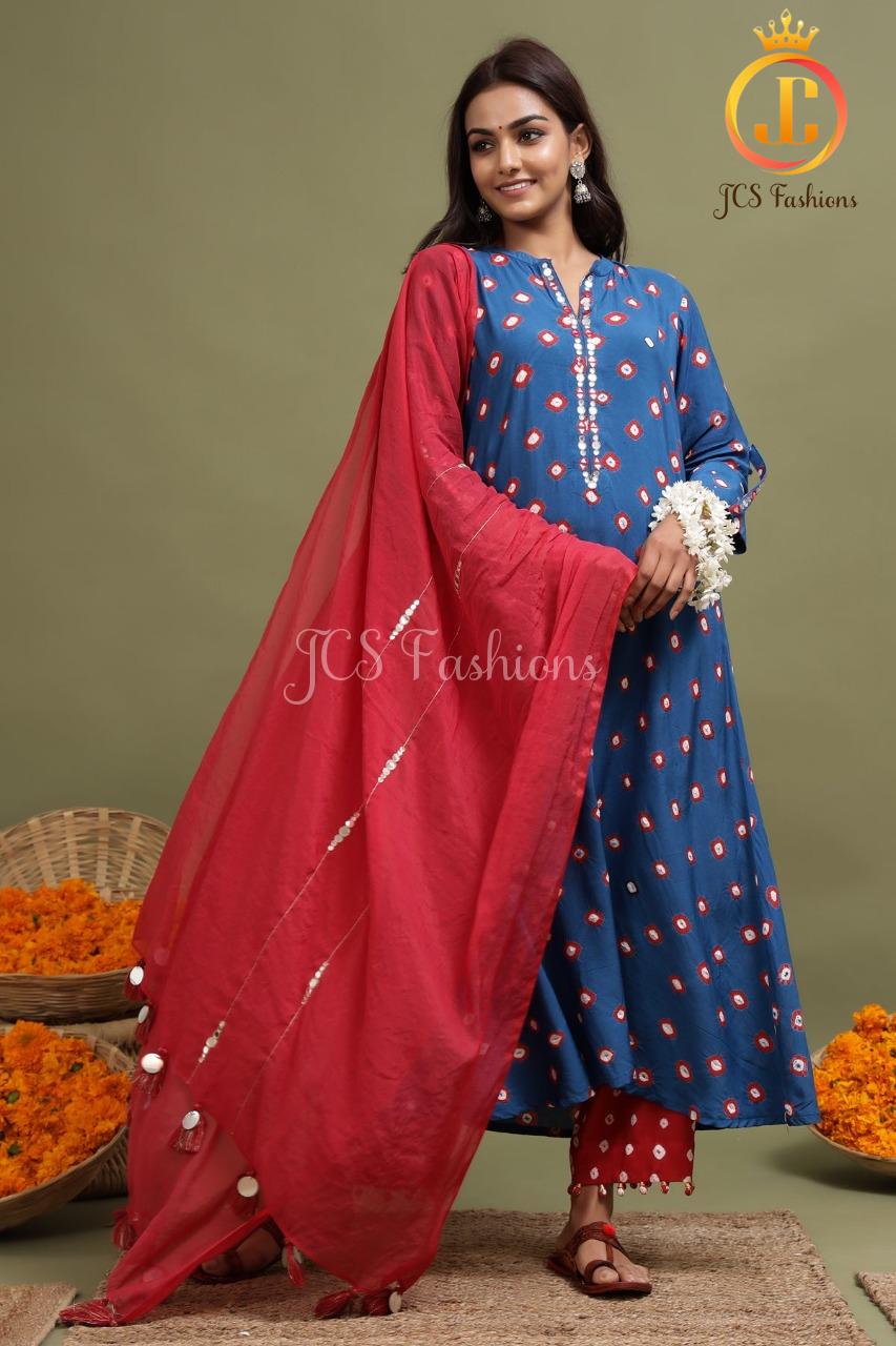 Women's Blue Bandhani Kurta With Mirror Detailing Sustainable JCS Fashions