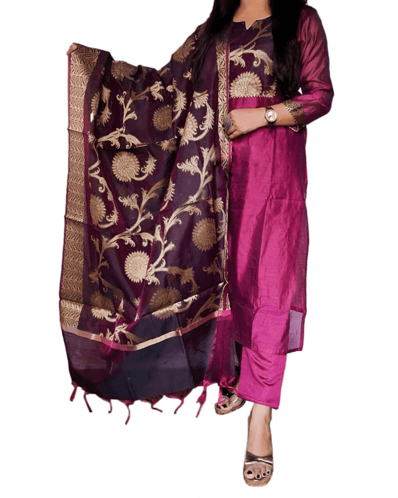 Pure Chanderi Silk Kurta With Banarasi Dupatta And Pant KURTI JCS Fashions