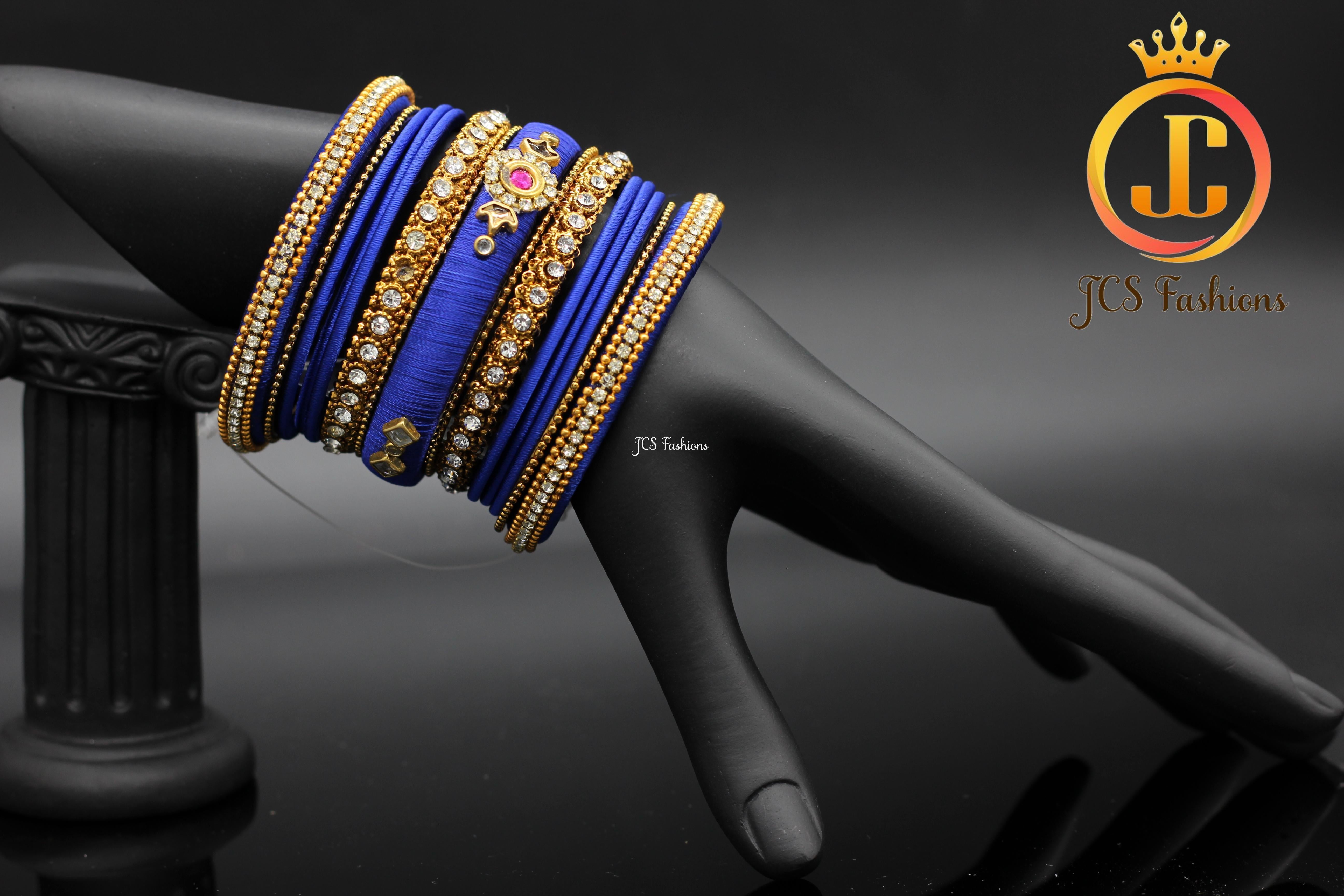 Silk Thread Bangles with Kundan and Stone Work in Royal Blue Color