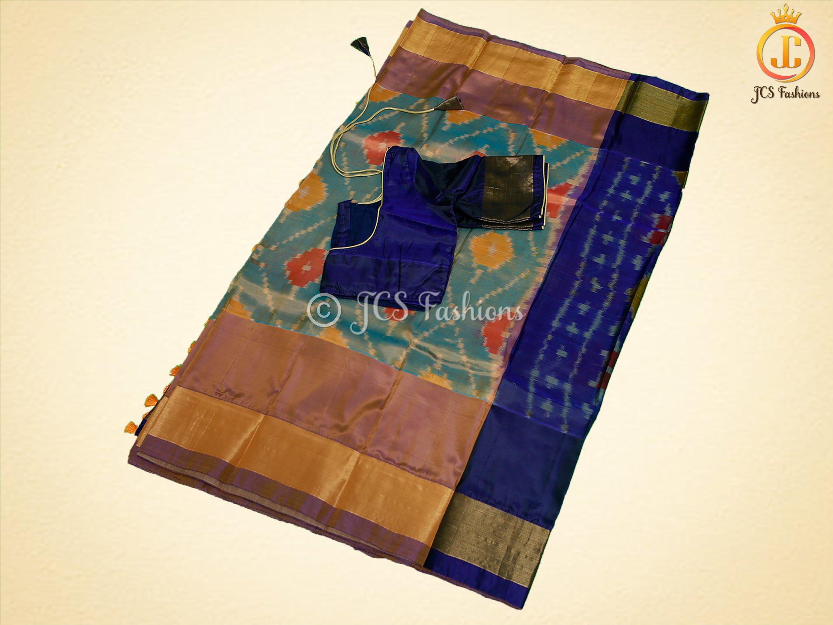 Soft Silk Pattu Saree, All-Over Pochampalli ikkat Design, Contrast Color Blouse SAREE JCS Fashions