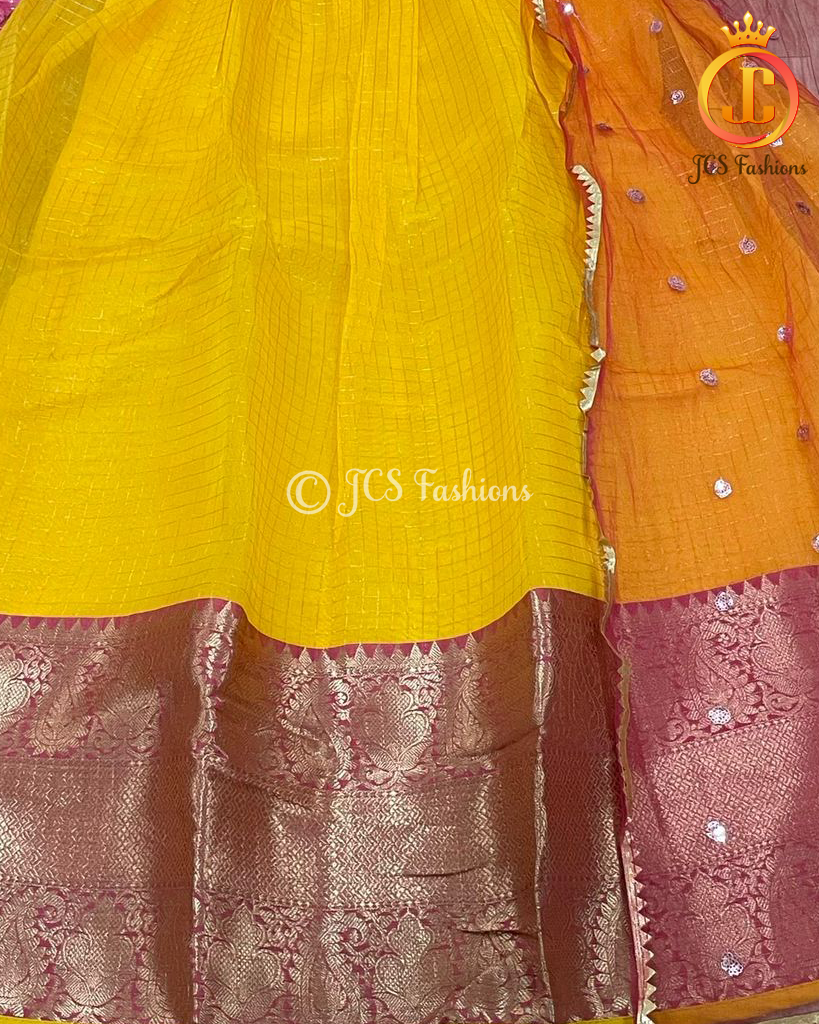 Long Gown with Zari Borders in Pink and Yellow KURTI JCS Fashions