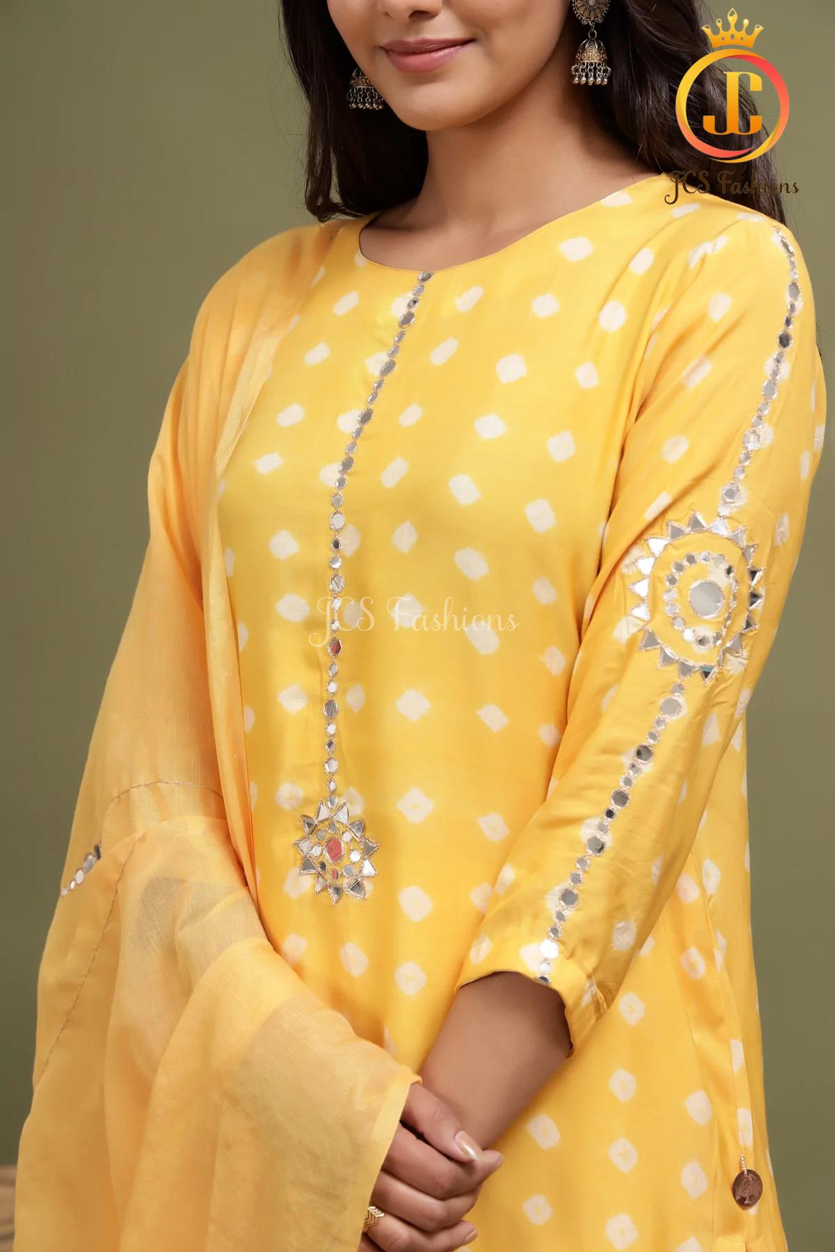 Yellow Bandhini Straight Kurti With Potli Pants and matching Stole Sustainable JCS Fashions