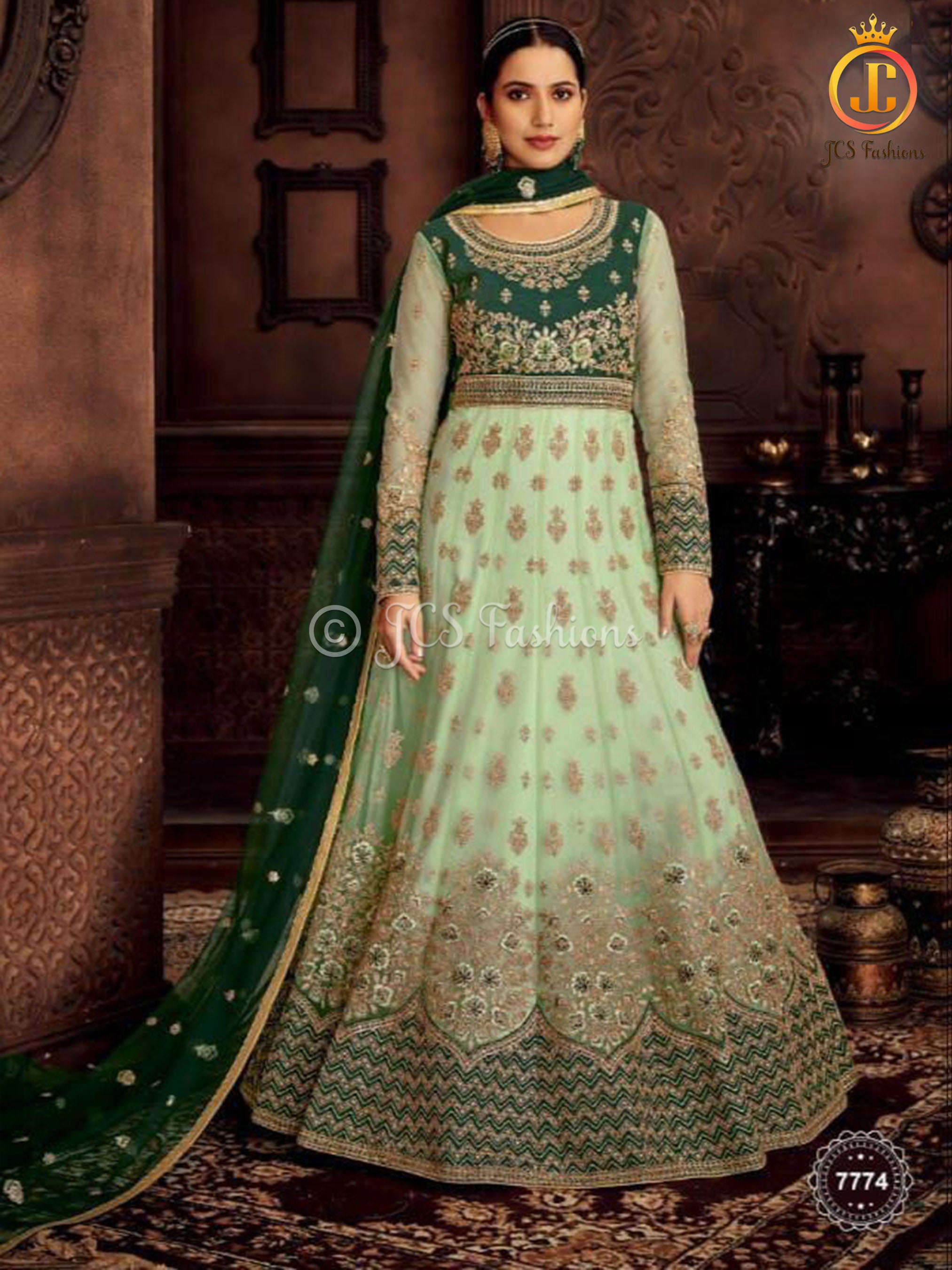 Designer net with embroidery work Floor length Gown | Green KURTI JCS Fashions