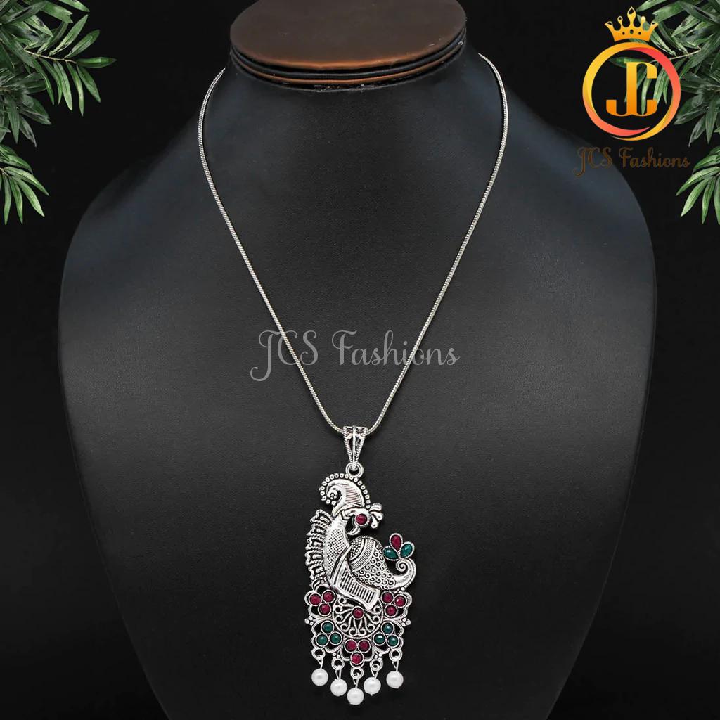 Silver Plated Necklace with Peacock pendant For Women Jewelry JCS Fashions Maroon and Green