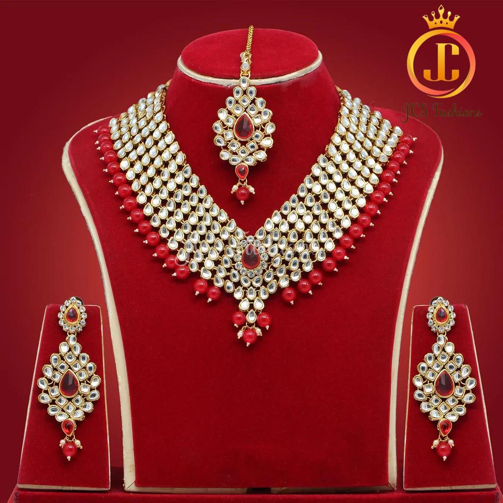 Red Kundan Neck Set with Earrings and Tikka Jewelry JCS Fashions Red 24 * 4.5