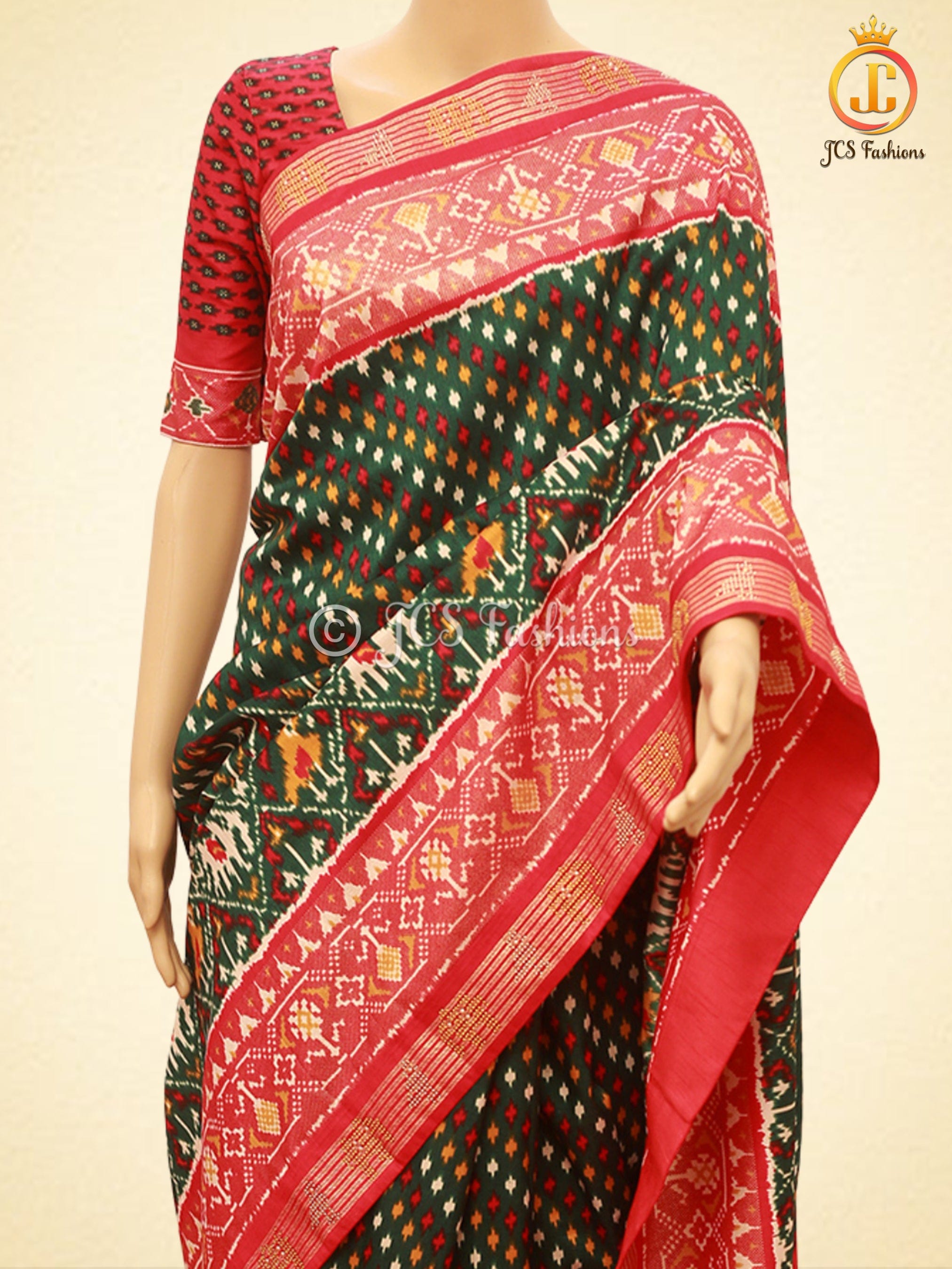 Patola Printed Ikkat Designer Gajji Silk Sarees With Printed Blouse