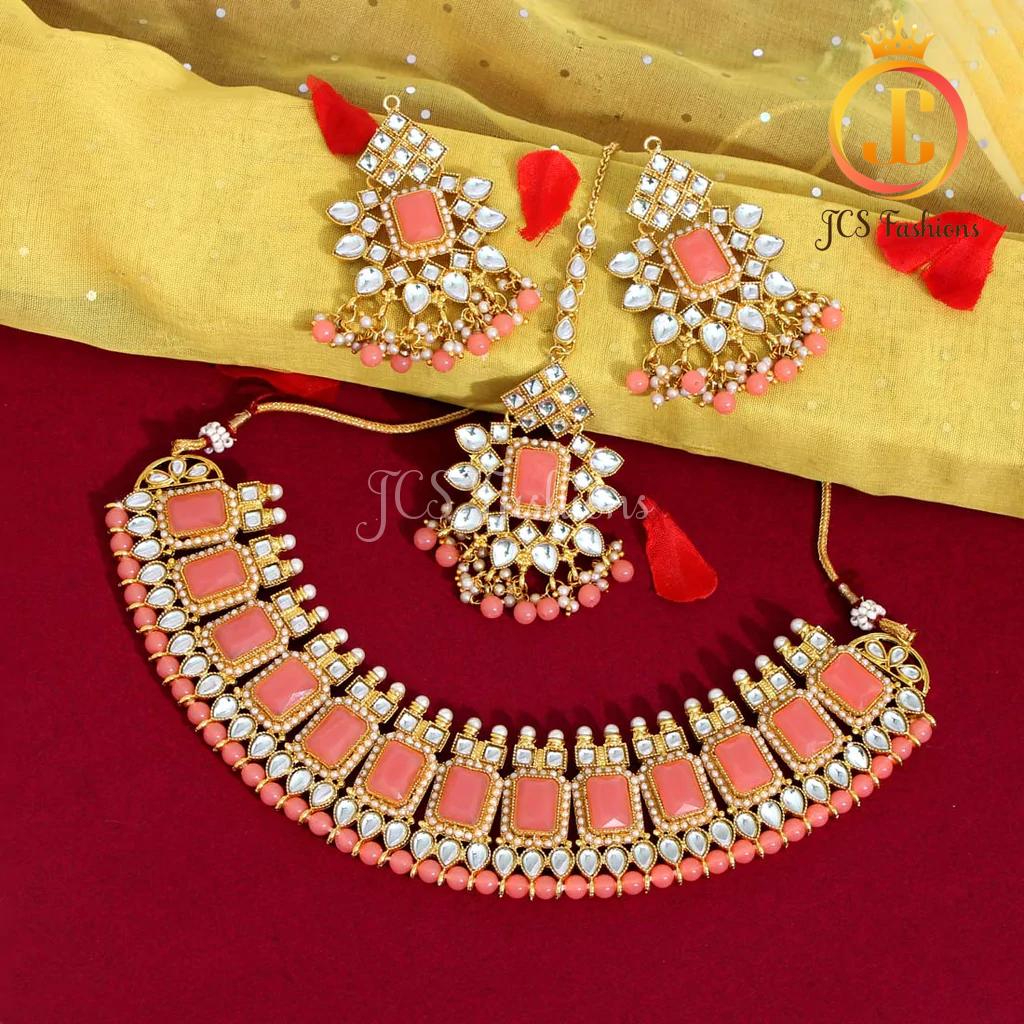 Kundan and immitation pearls Neck Set with earrings and tikka Jewelry JCS Fashions Dark Peach 22 * 5