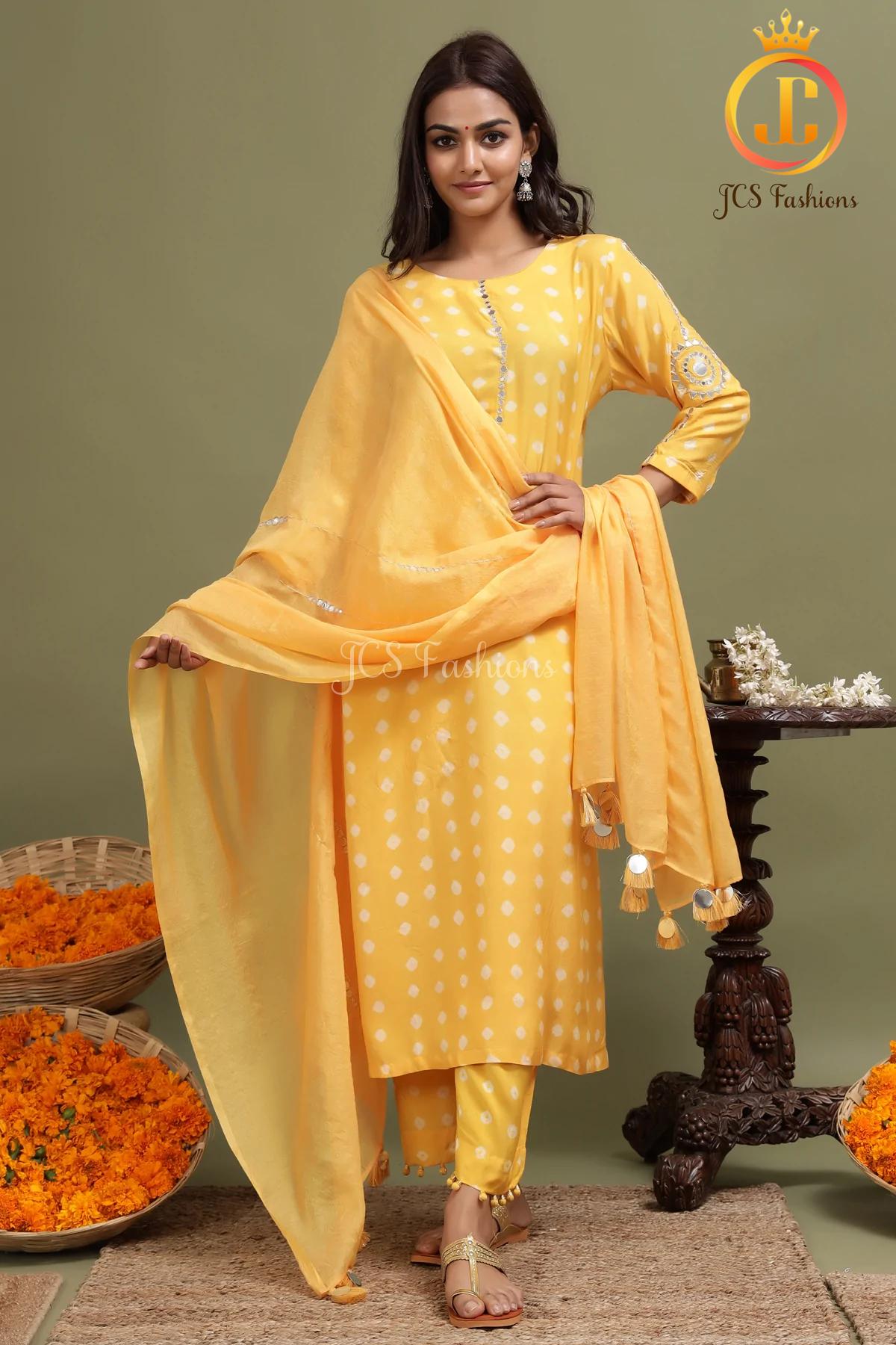 Yellow Bandhini Straight Kurti With Potli Pants and matching Stole Sustainable JCS Fashions