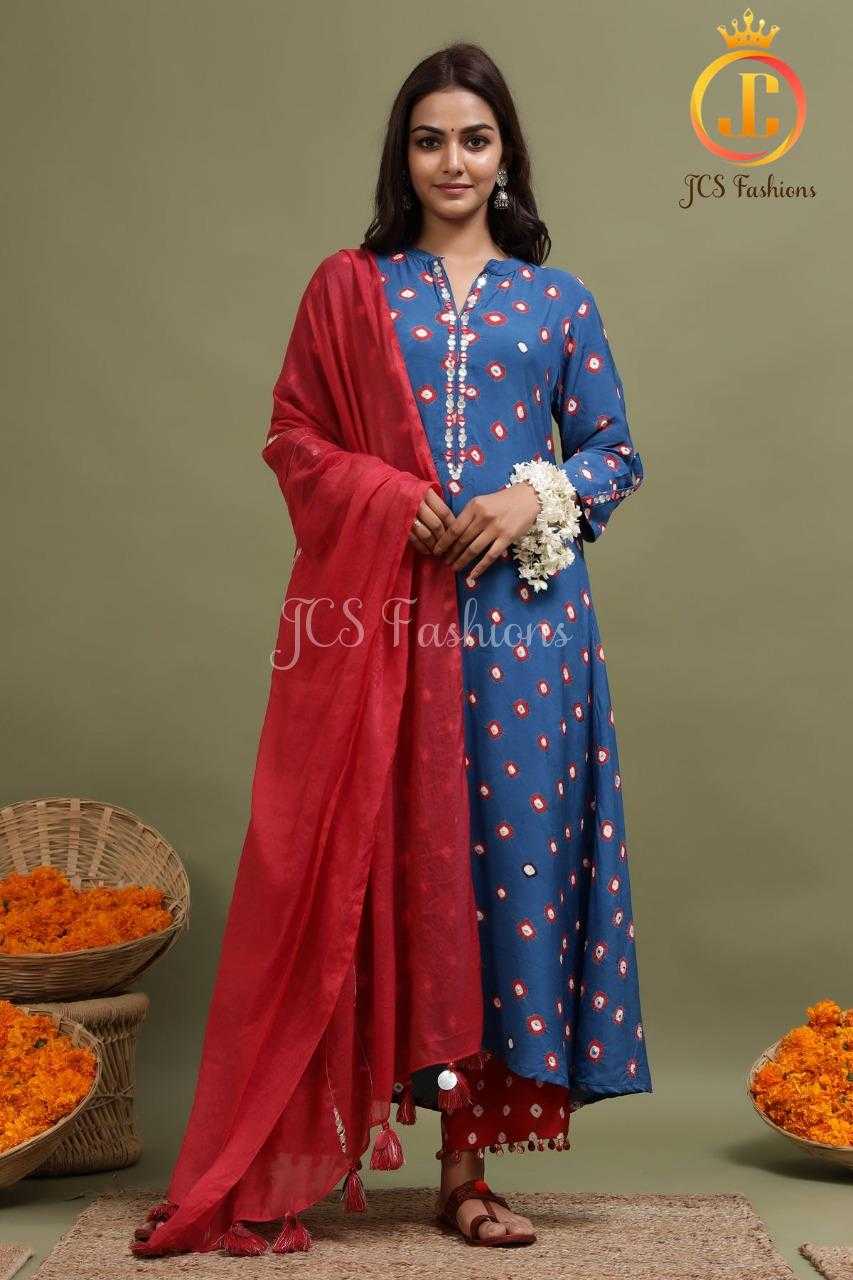 Women's Blue Bandhani Kurta With Mirror Detailing Sustainable JCS Fashions Blue S