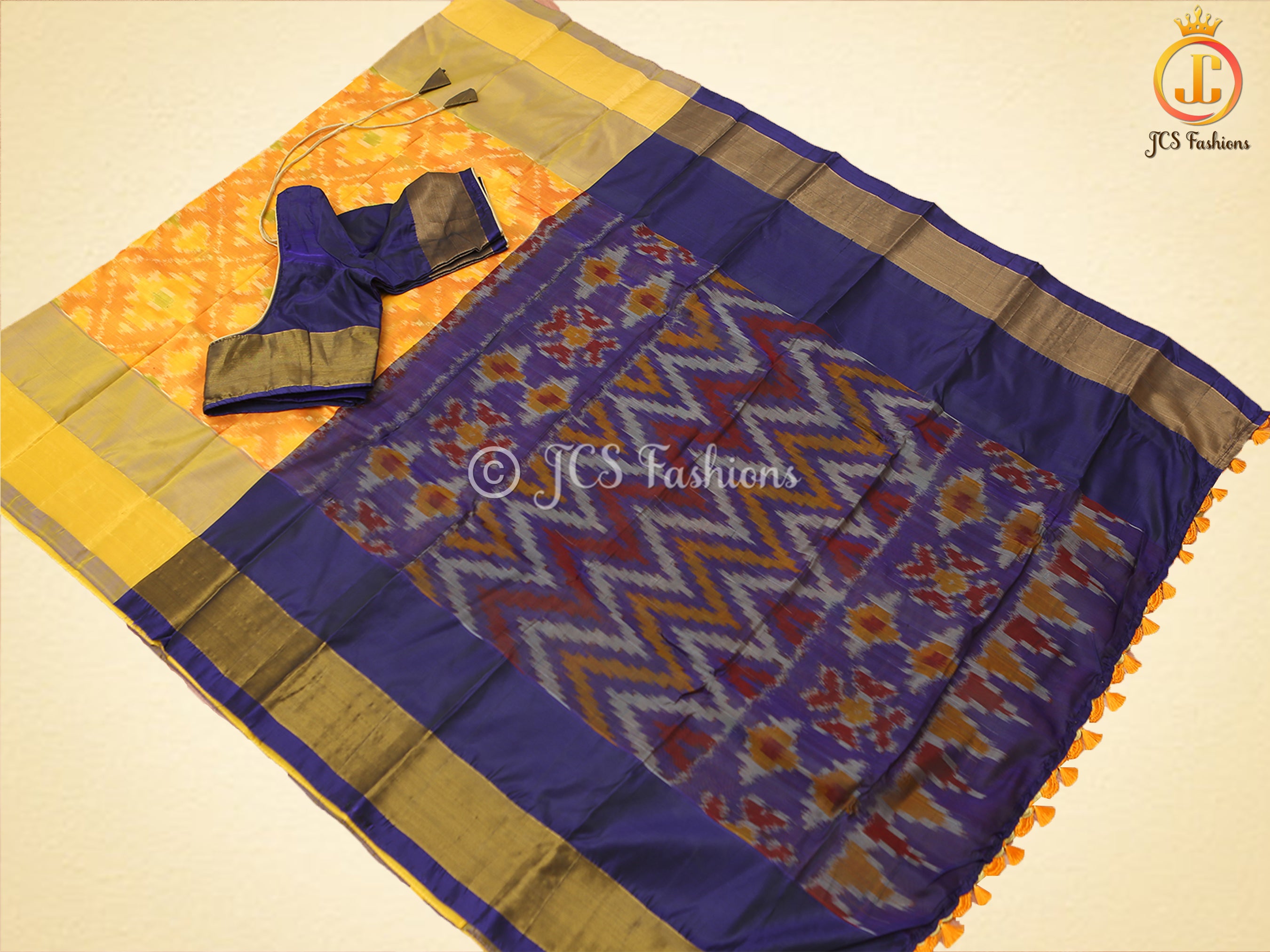 Mustard Yellow Soft Silk Saree With Beautiful Ikkat Designs