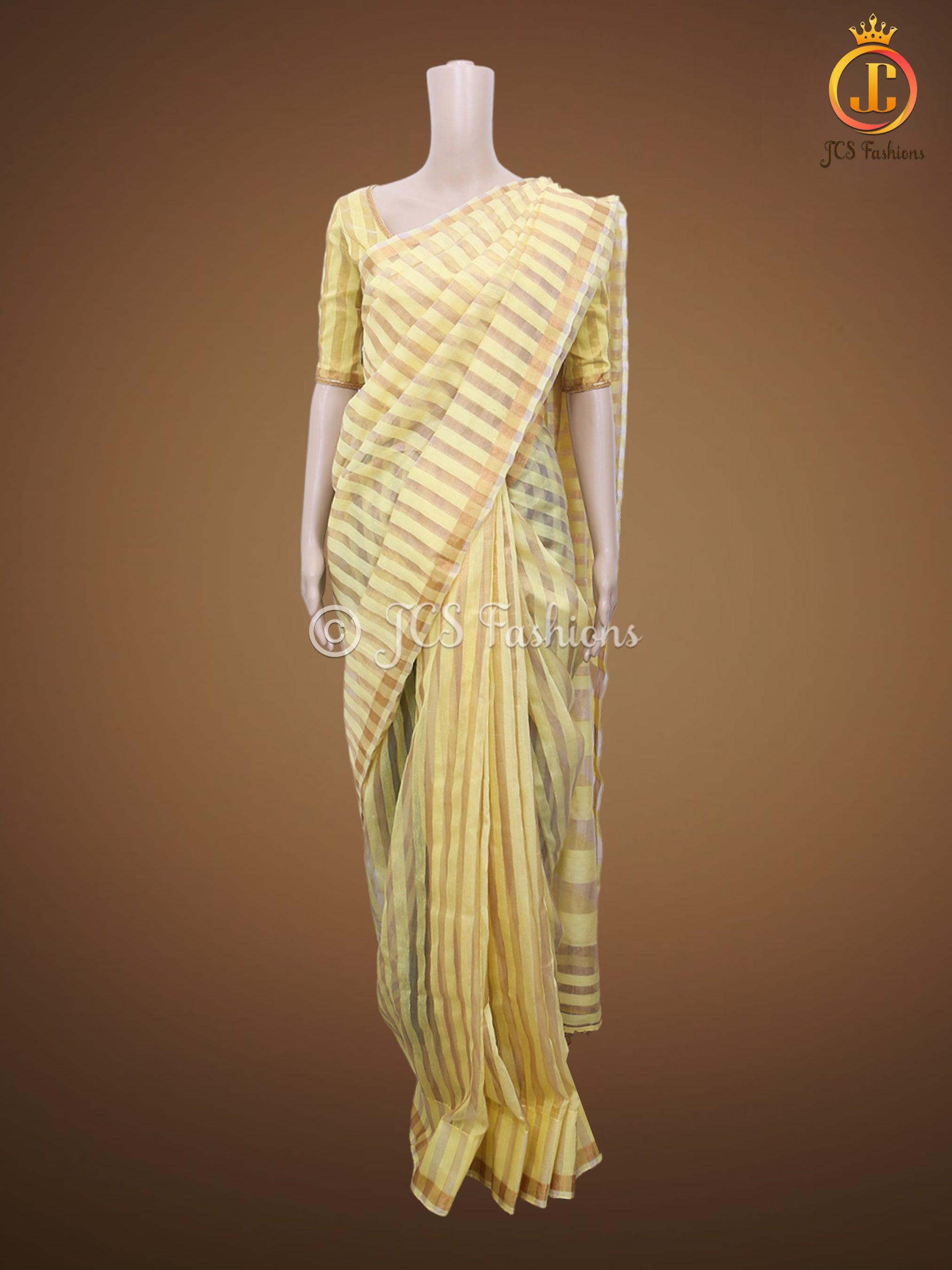 Vertical Zari weaved Lemon Yellow Tissue Linen Saree With Blouse