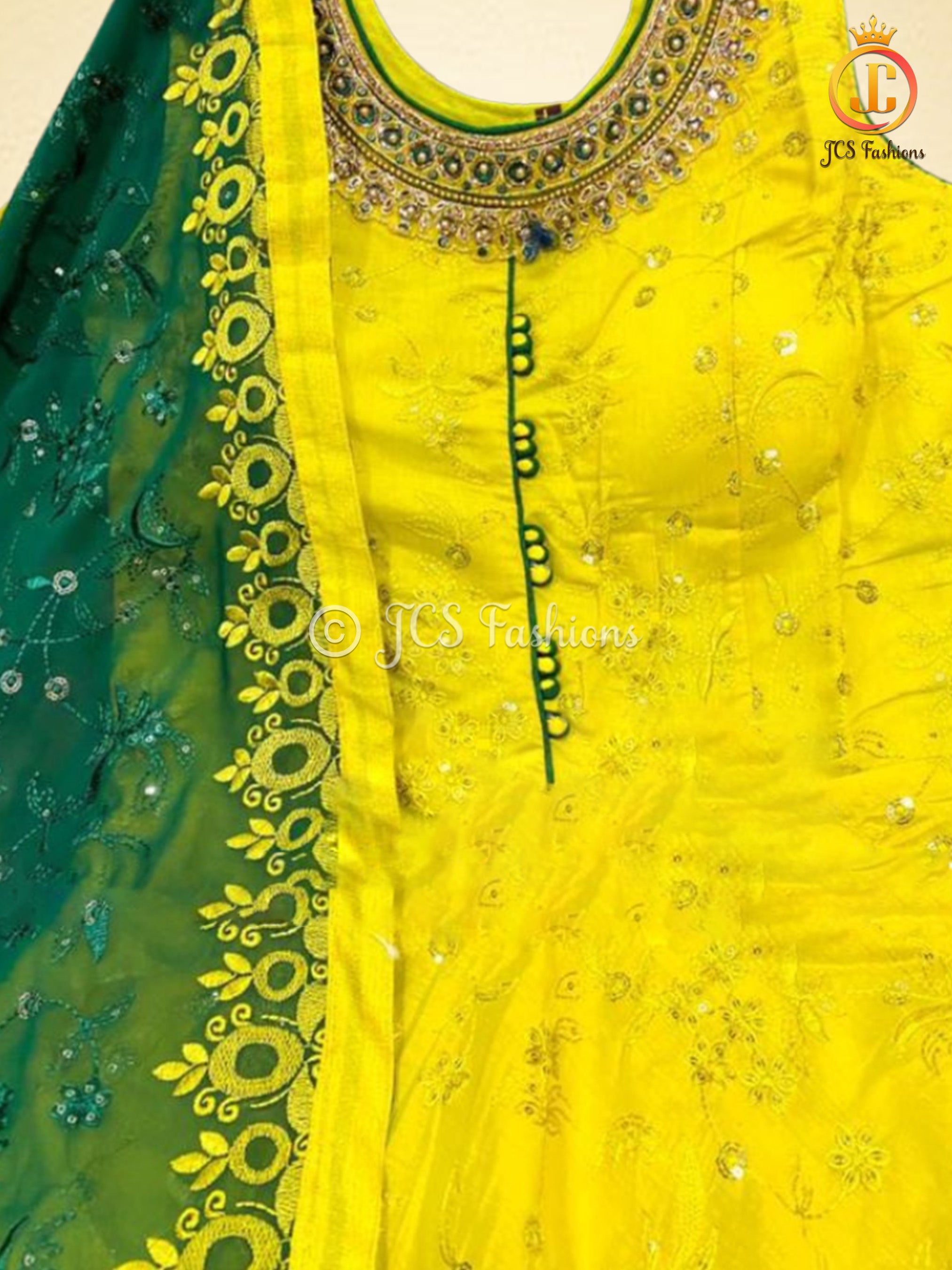 All-Over Embroidery & Sequins Work Long Gown in Greenish Yellow KURTI JCS Fashions