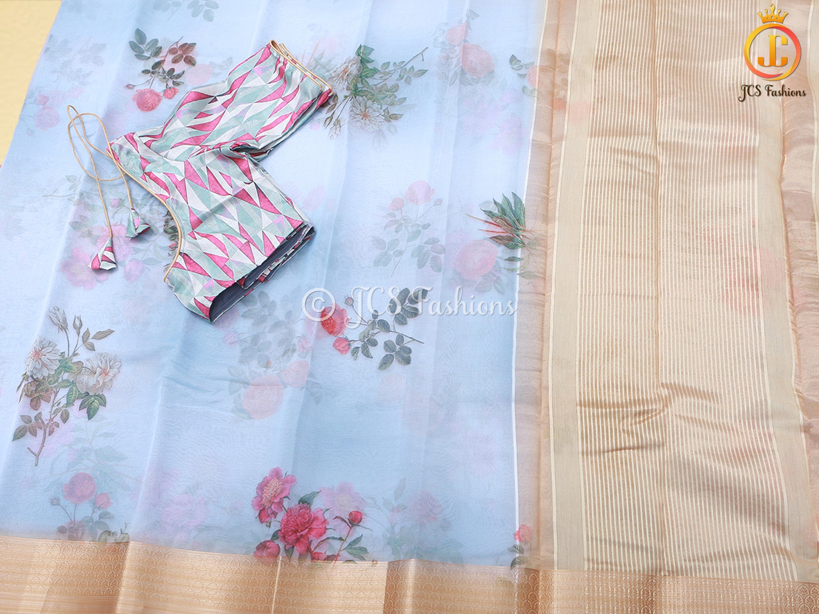 Stunning Pure Handloom Organza Printed Saree with Fully Stitched Printed Blouse SAREE JCS Fashions Blue 5.5 meters