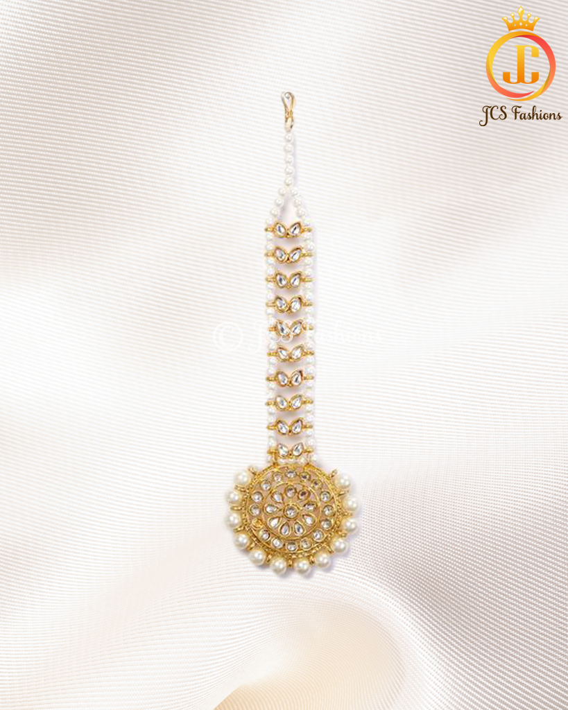 Indian Style Beautiful Pearl Chaand Tika For Women Tikka JCS Fashions White & Gold 6.5 inch