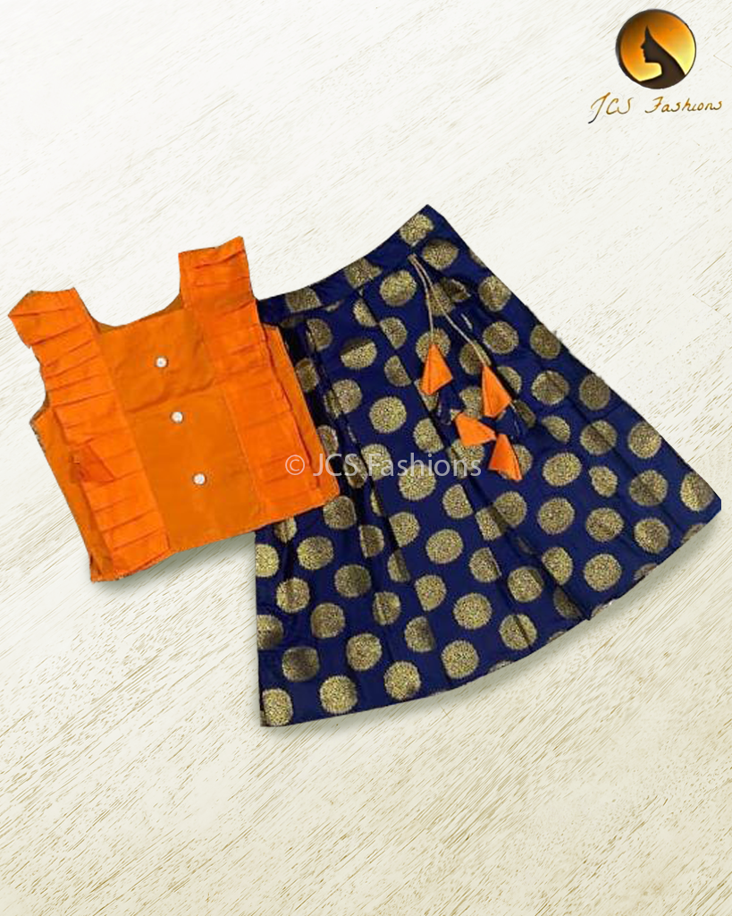 Pure Arani Silk Top with Taffeta Banarasi Skirt for girls GIRLS JCS Fashions Blue 5-6 Yrs