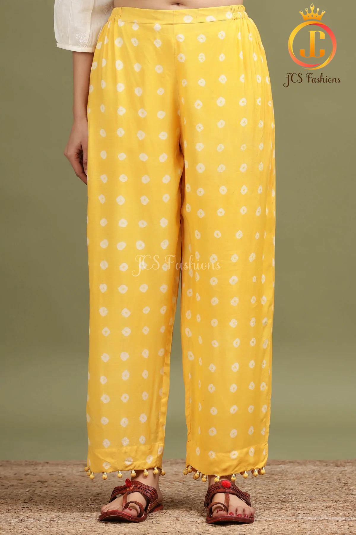 Yellow Bandhini Straight Kurti With Potli Pants and matching Stole Sustainable JCS Fashions