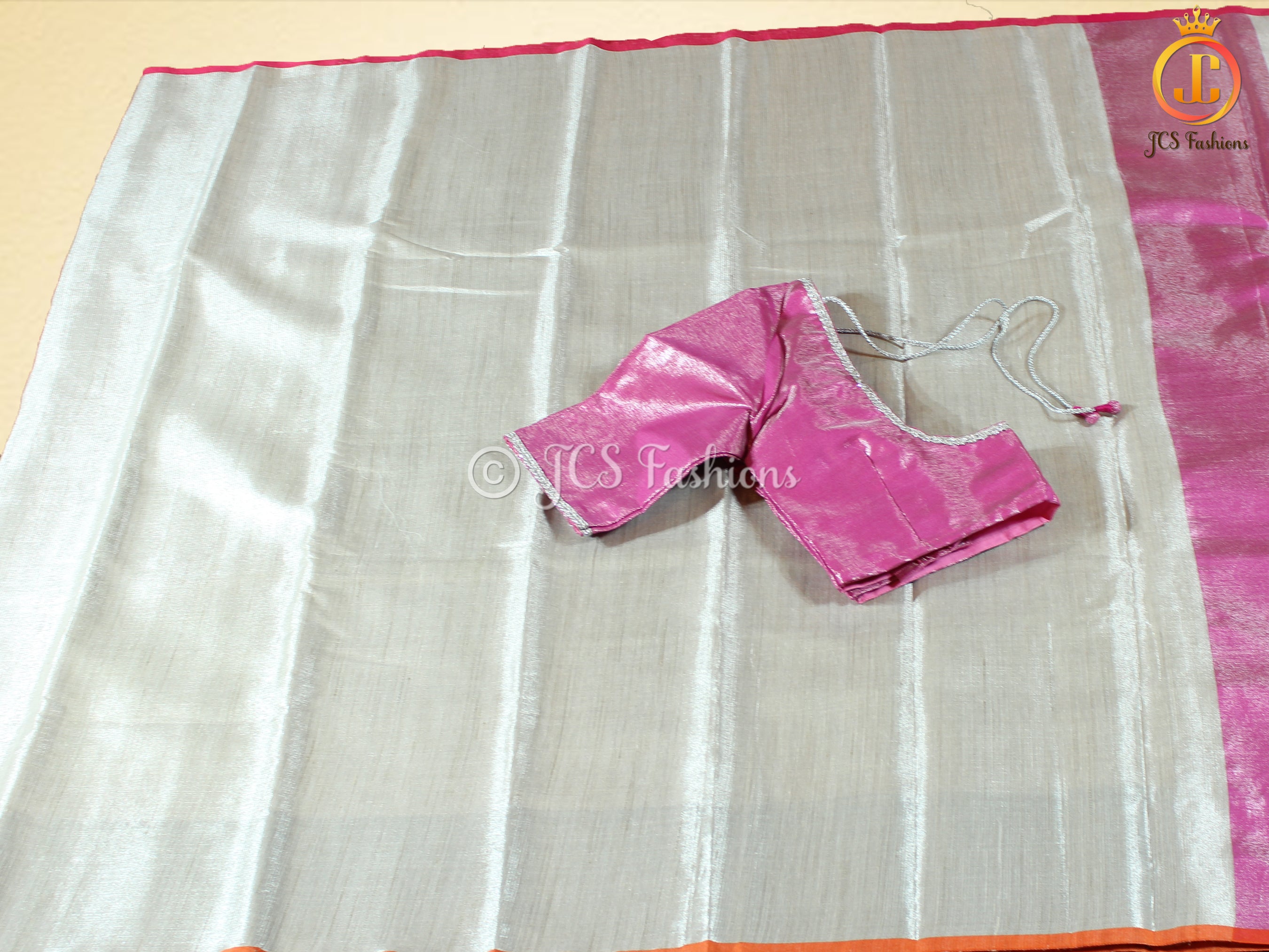 Tissue Saree With Lace Work Blouse, Elegant Silver Weaving