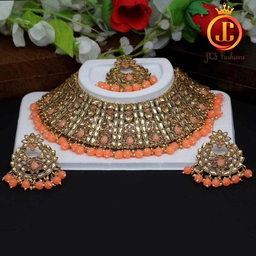 Gorgeous Kundan Polki Choker Necklace Set with Earrings and tikka Jewelry JCS Fashions Peach 7 * 2.5"