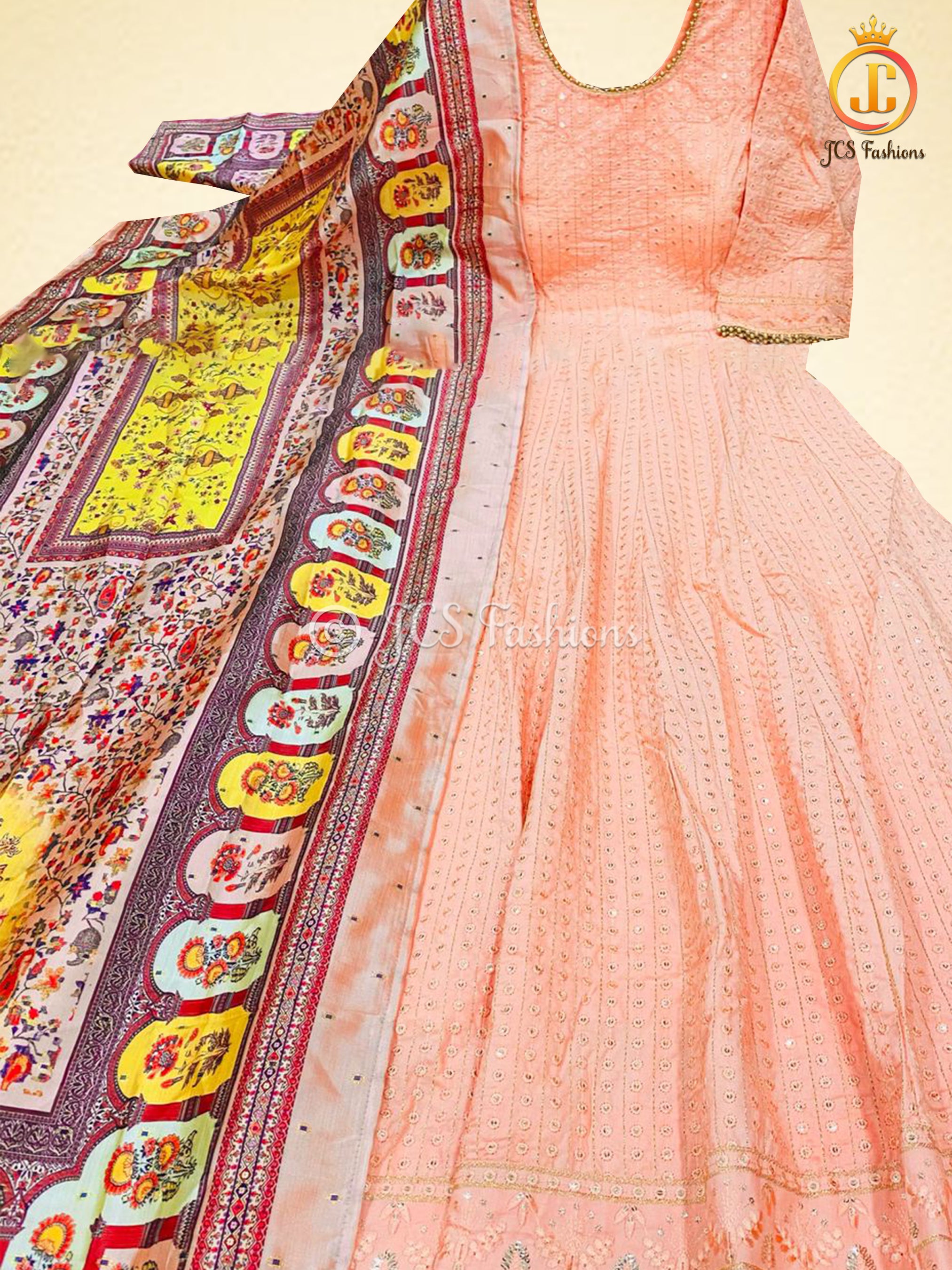 Anarkali Gown With Banarasi Silk Dupatta, Heavy Sequins Work. KURTI JCS Fashions