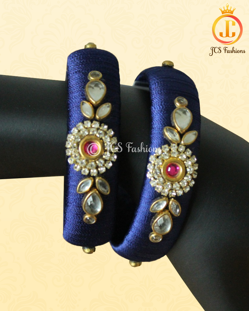 Royal Blue and Red Stone with Aari Work Fancy metal bangles Jewelry JCS Fashions