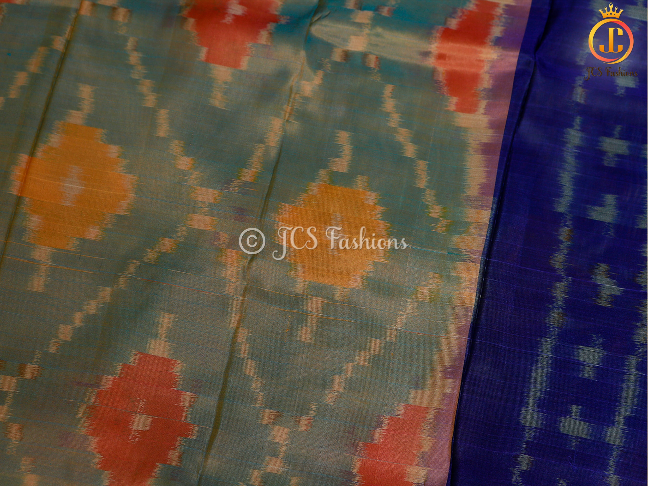 Soft Silk Pattu Saree, All-Over Pochampalli ikkat Design, Contrast Color Blouse SAREE JCS Fashions