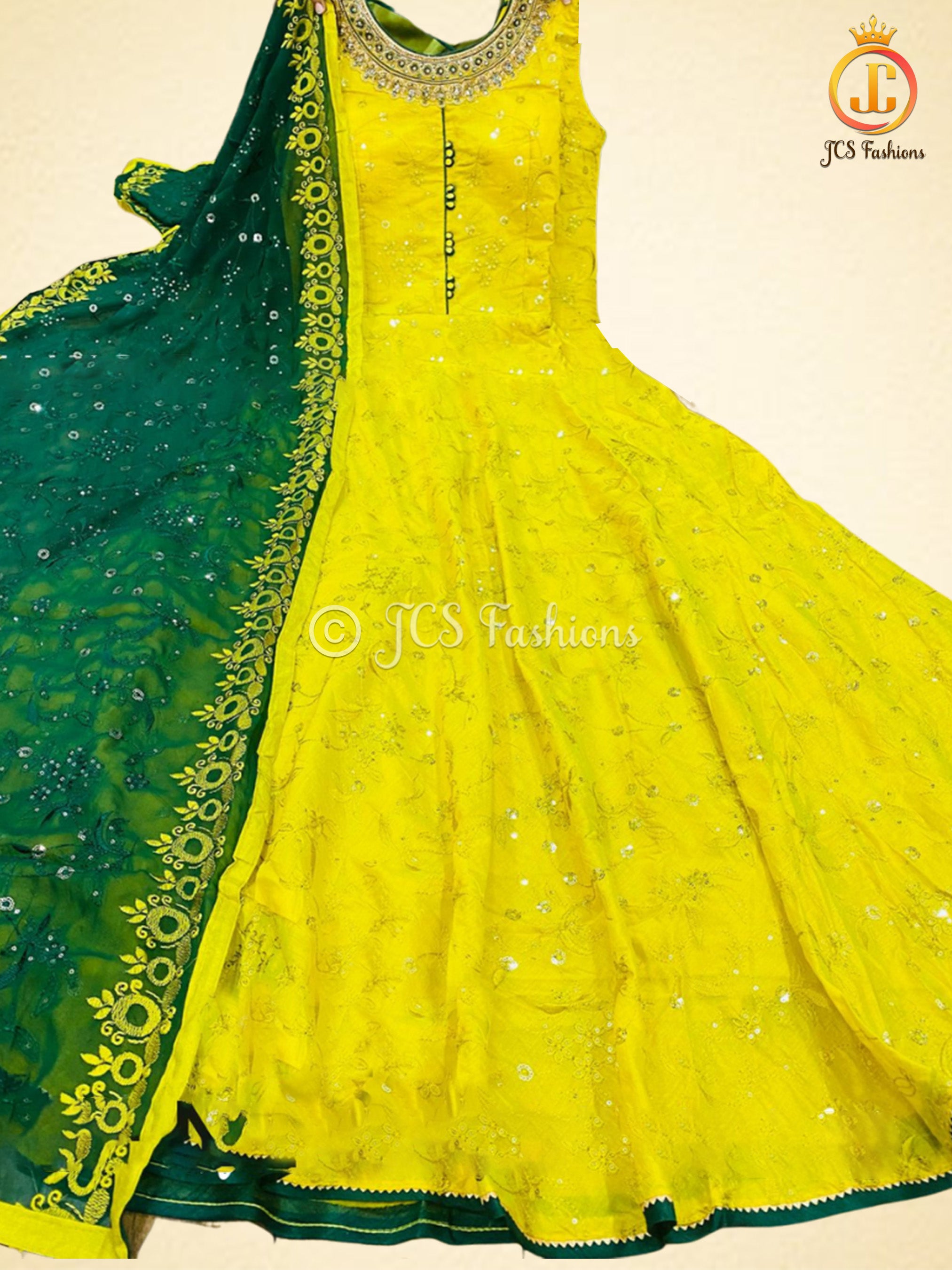 All-Over Embroidery & Sequins Work Long Gown in Greenish Yellow KURTI JCS Fashions