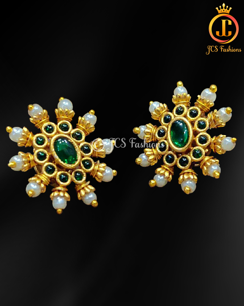 Green Stone and Pearl Stud Earring - Gold Polish, Feminine & Edgy Design Jewelry JCS Fashions Green