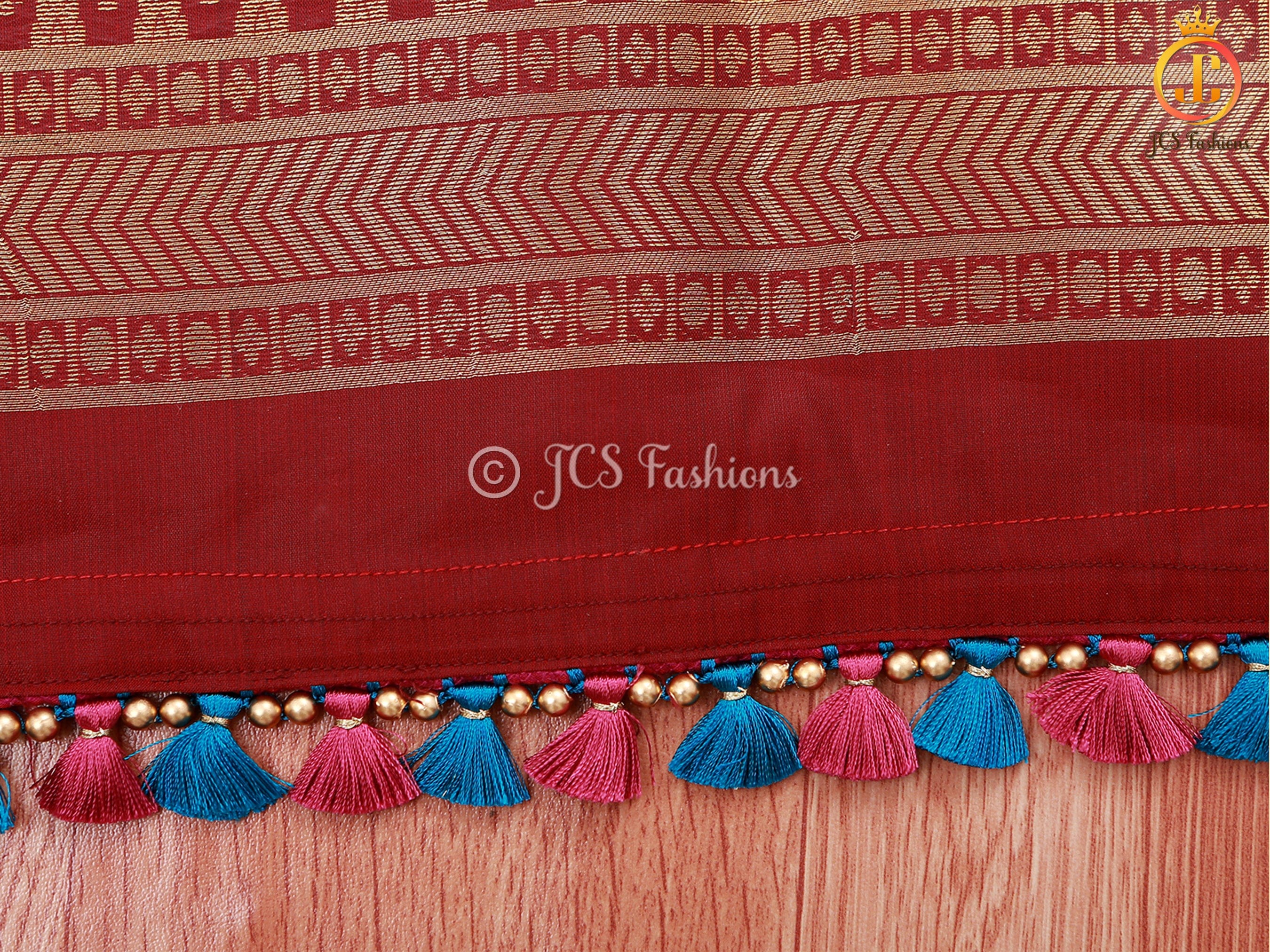 Korvai Semi Silk Saree With Maggam Work Blouse, Blue And Maroon