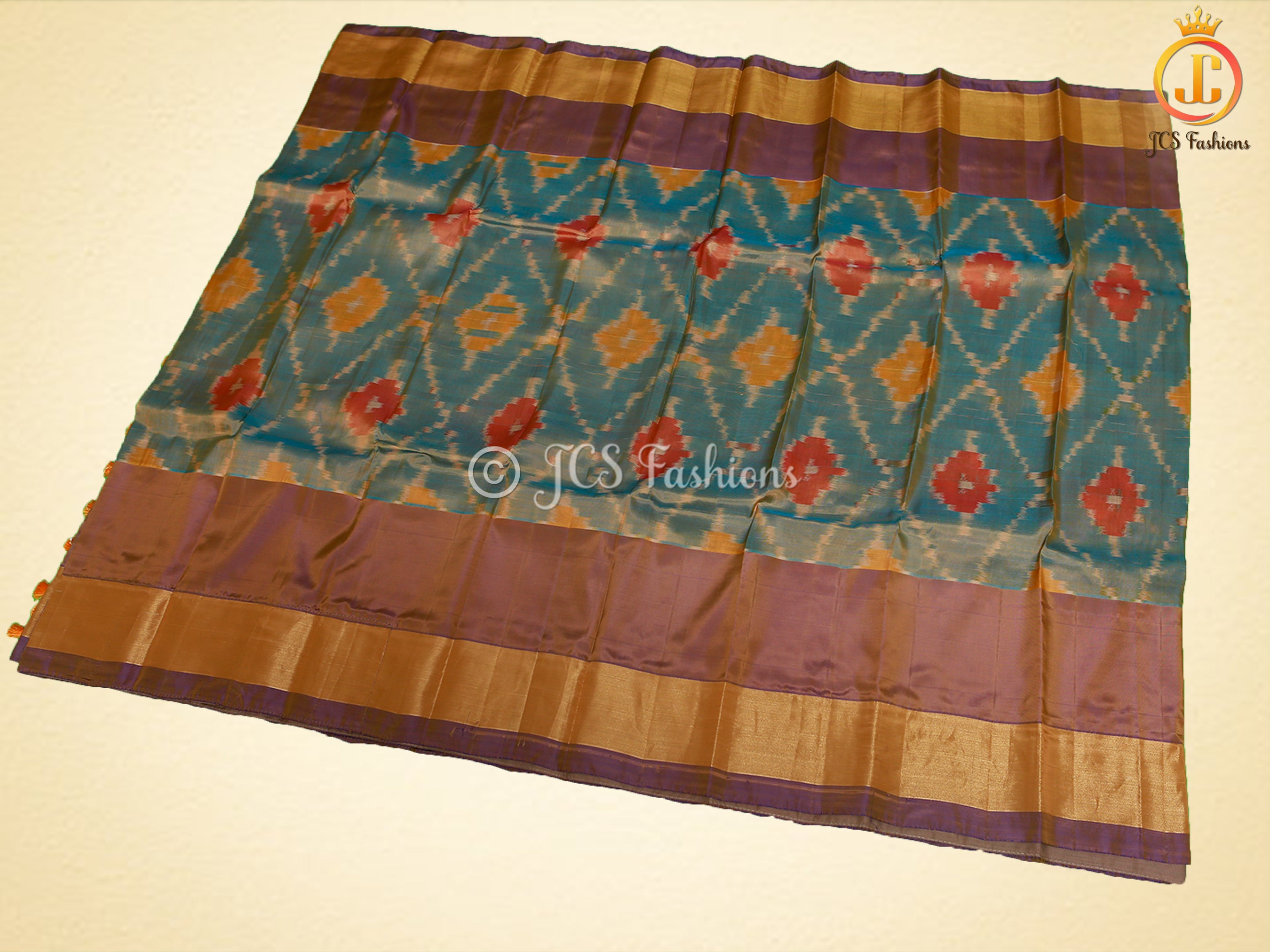 Soft Silk Pattu Saree, All-Over Pochampalli ikkat Design, Contrast Color Blouse SAREE JCS Fashions