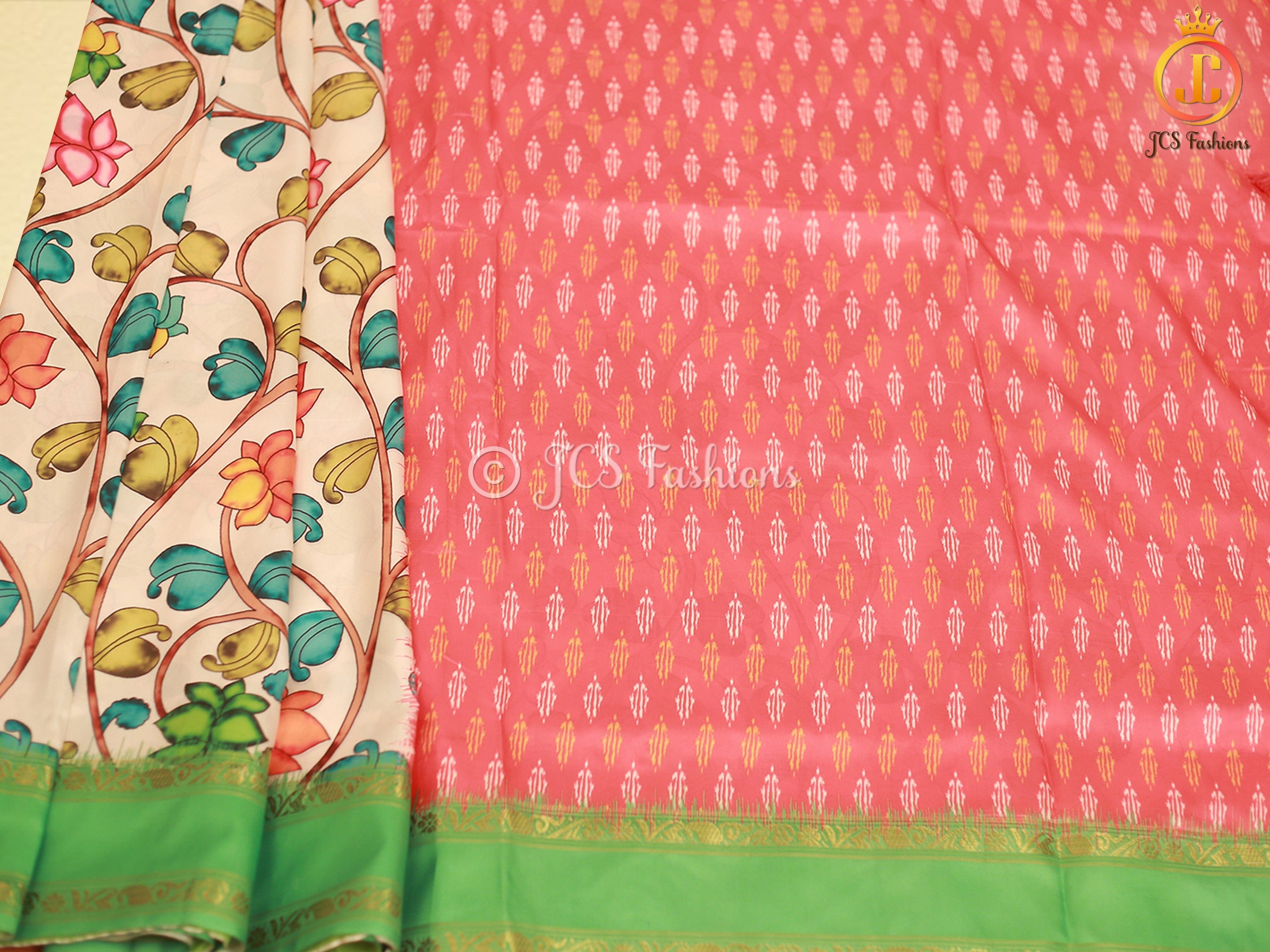 Satin Saree with Pitchwai And Kalamkari Design, Fully stitched blouse SAREE JCS Fashions