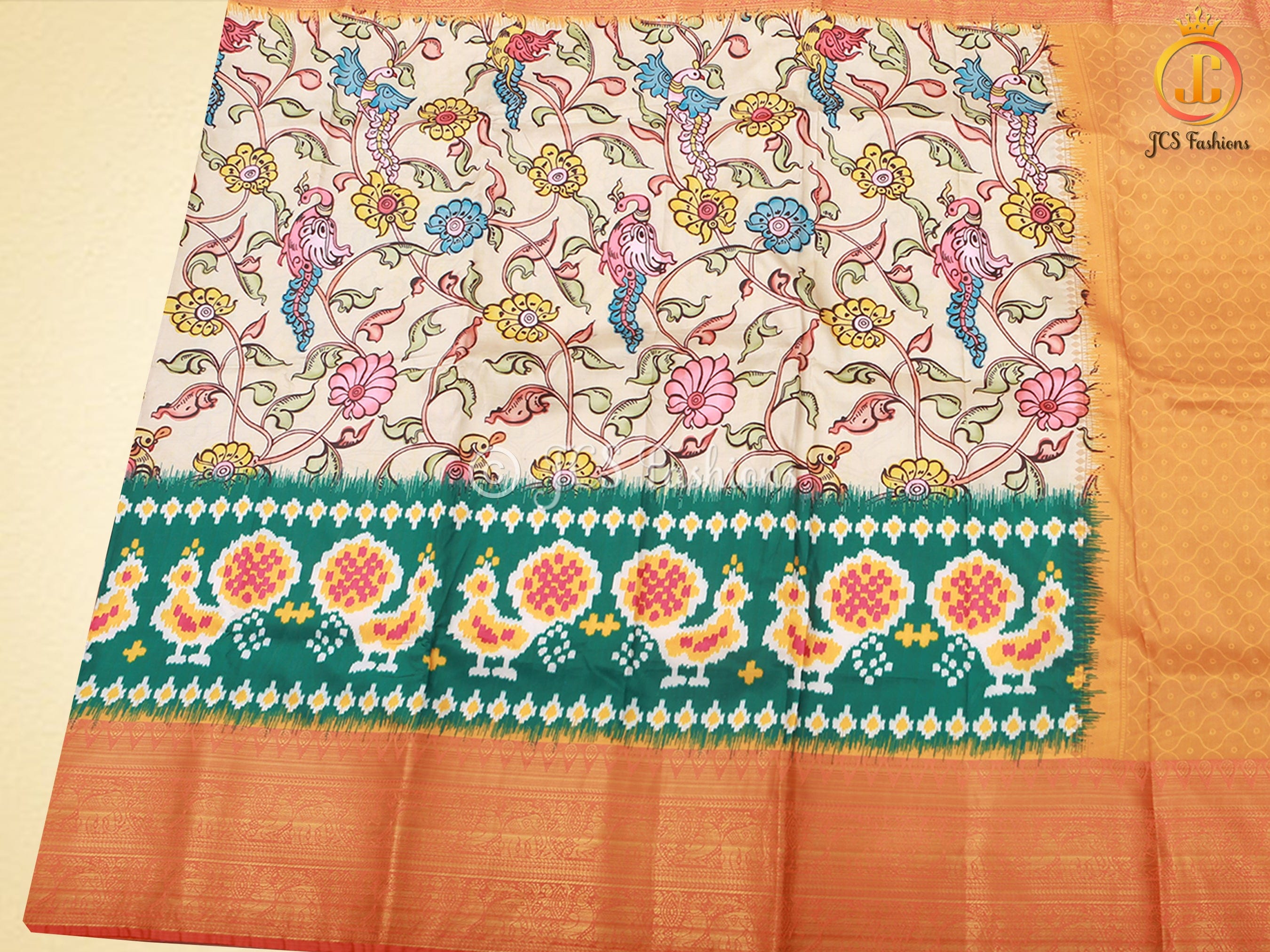 Kalamkari And Patola Prints Soft Silk Saree With Kanchi Border SAREE JCS Fashions