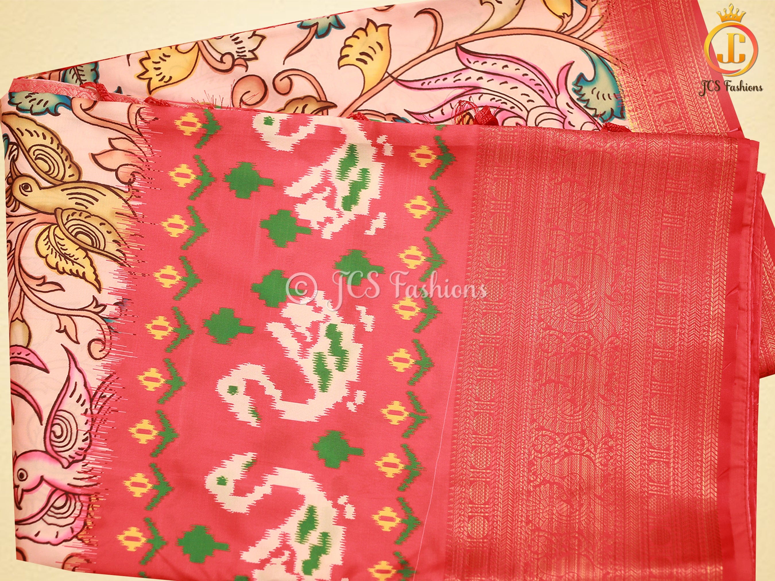 Kanchi Border Soft Silk Saree with Kalamkari and Patola Prints SAREE JCS Fashions