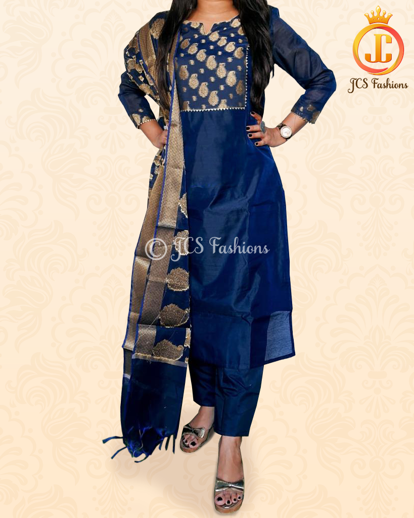 Pure Chanderi Silk Kurta With Banarasi Dupatta And Pant KURTI JCS Fashions