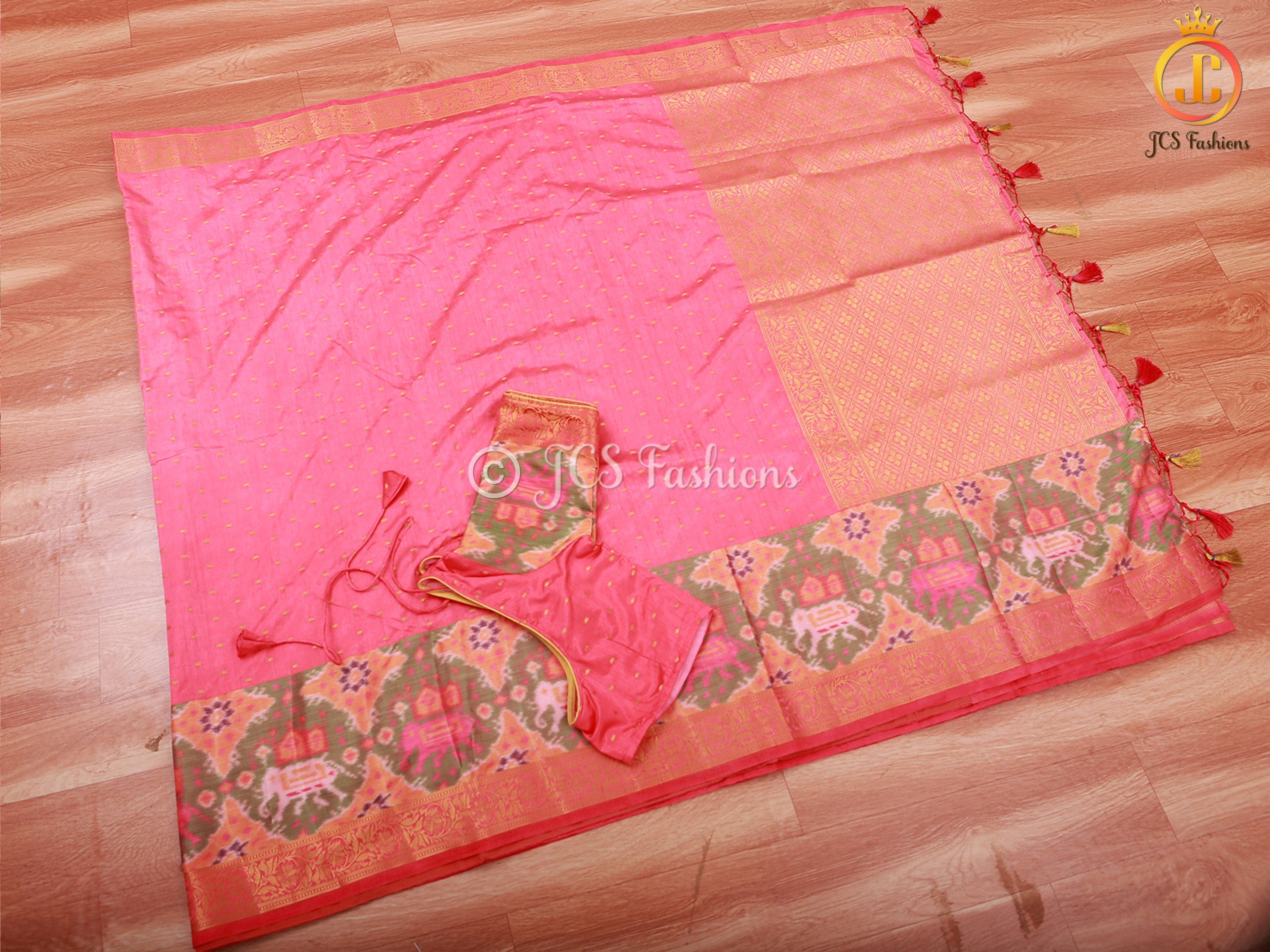 Golden Zari & Pochampally Ikkat Border Semi Silk Saree With Blouse