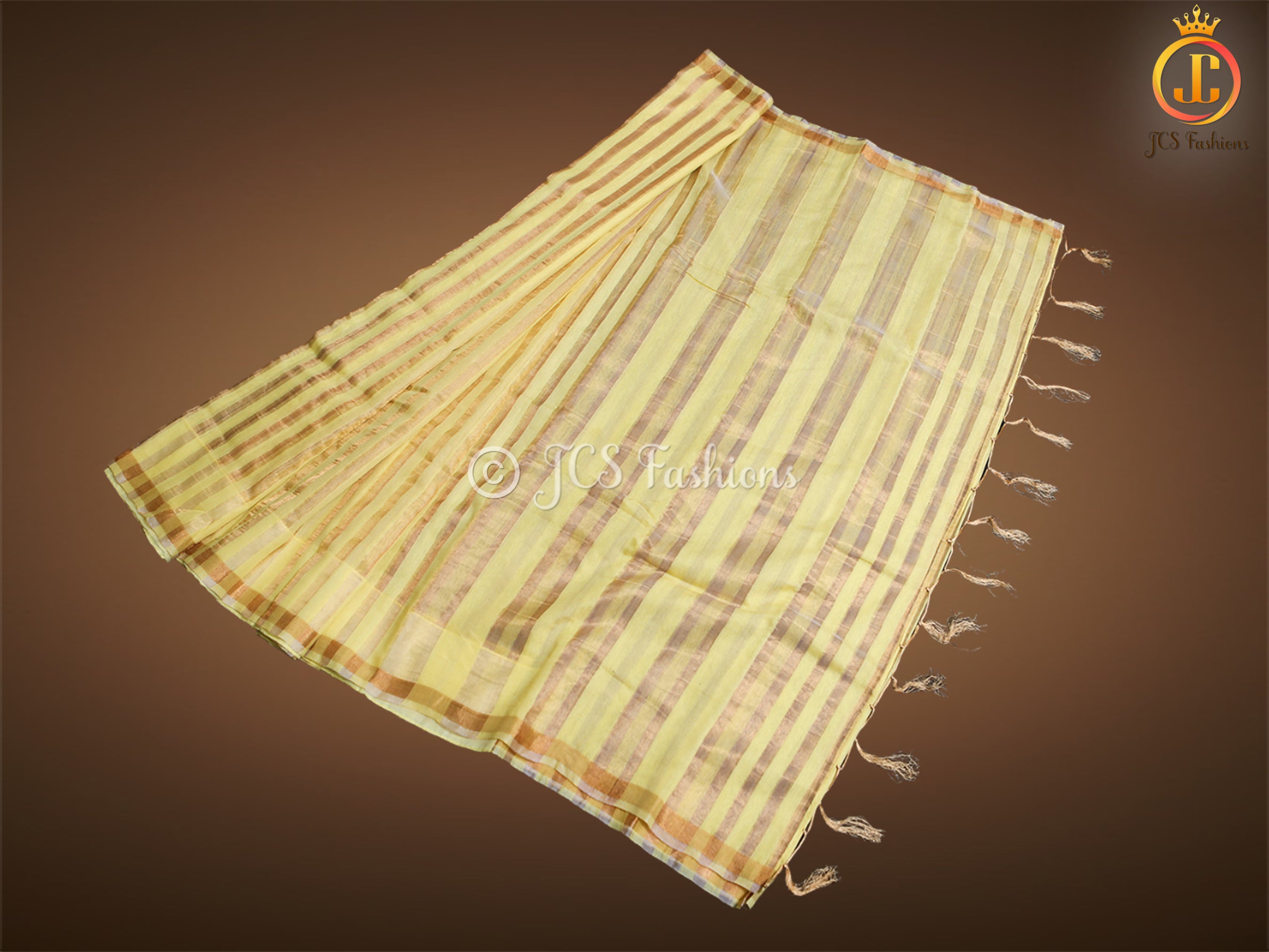 Vertical Zari weaved Lemon Yellow Tissue Linen Saree With Blouse