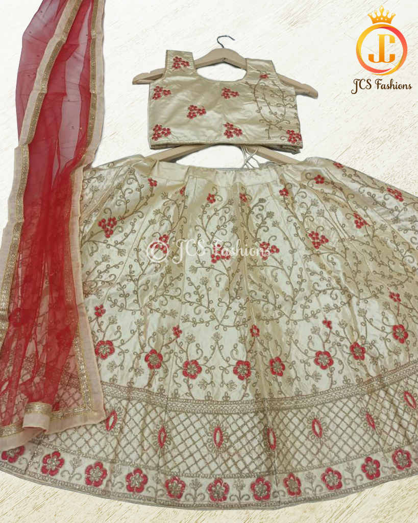 Designer Chain Stitch Lucknowi Style Embroidery Work Kids Lehenga GIRLS JCS Fashions Cream 28