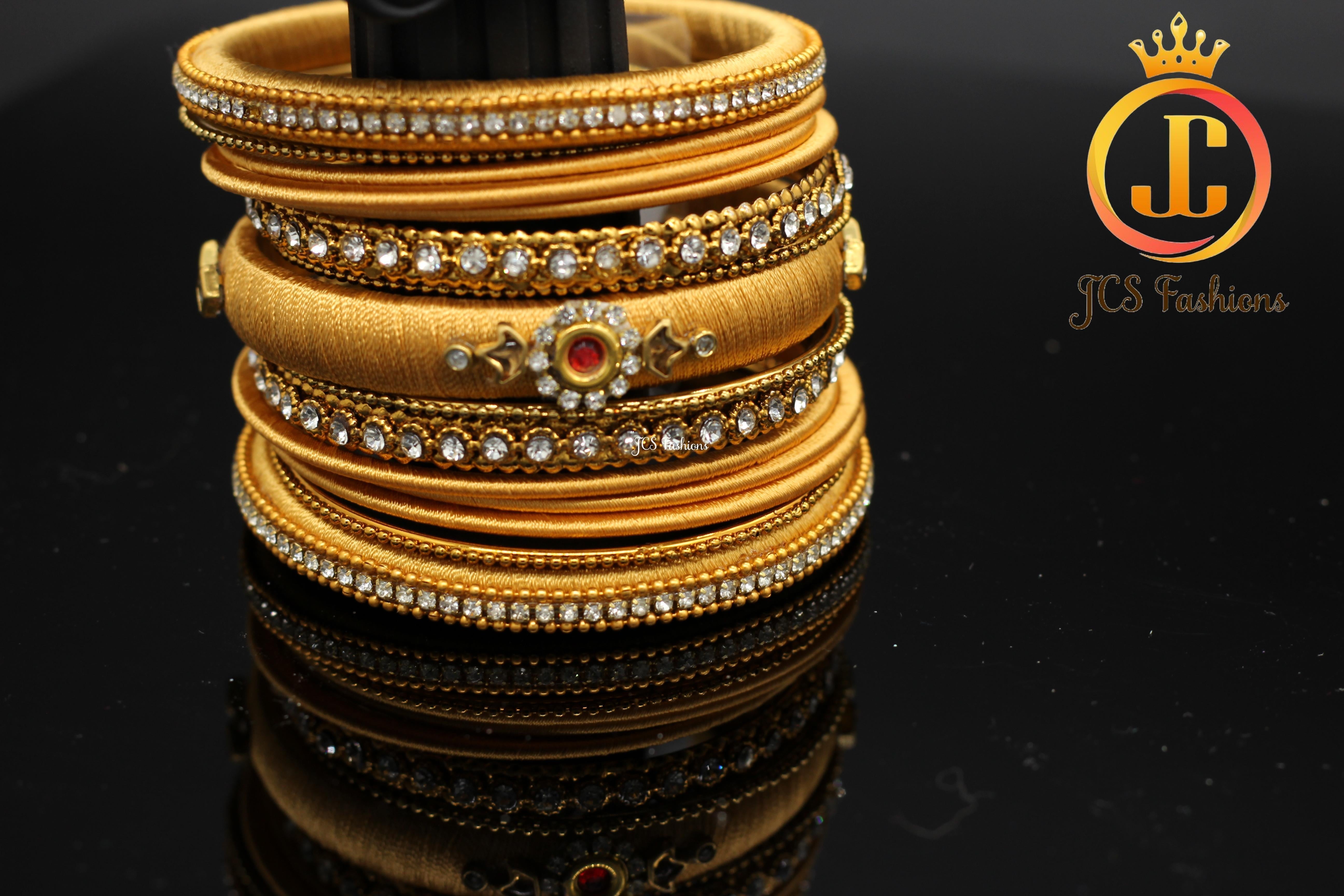 Designer Silk Bangles: Kundan and Stone Work - Set of 15 - JCSFashions