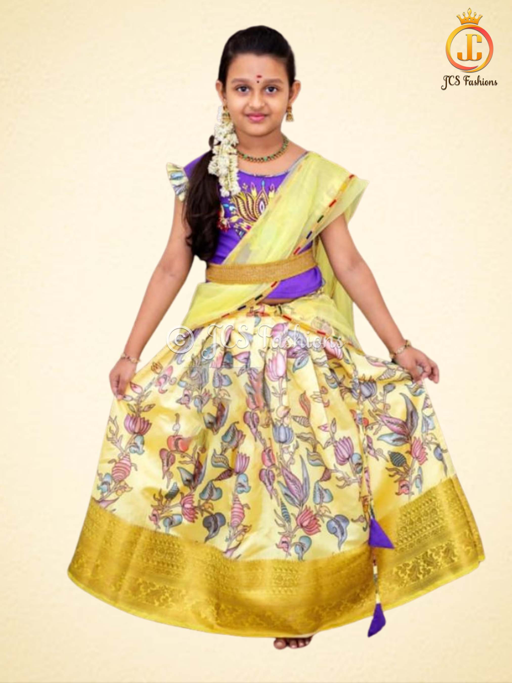 Kalamkari Print Lehenga with Croptop for Kids/Girls Lehenga JCS Fashions Yellow 26