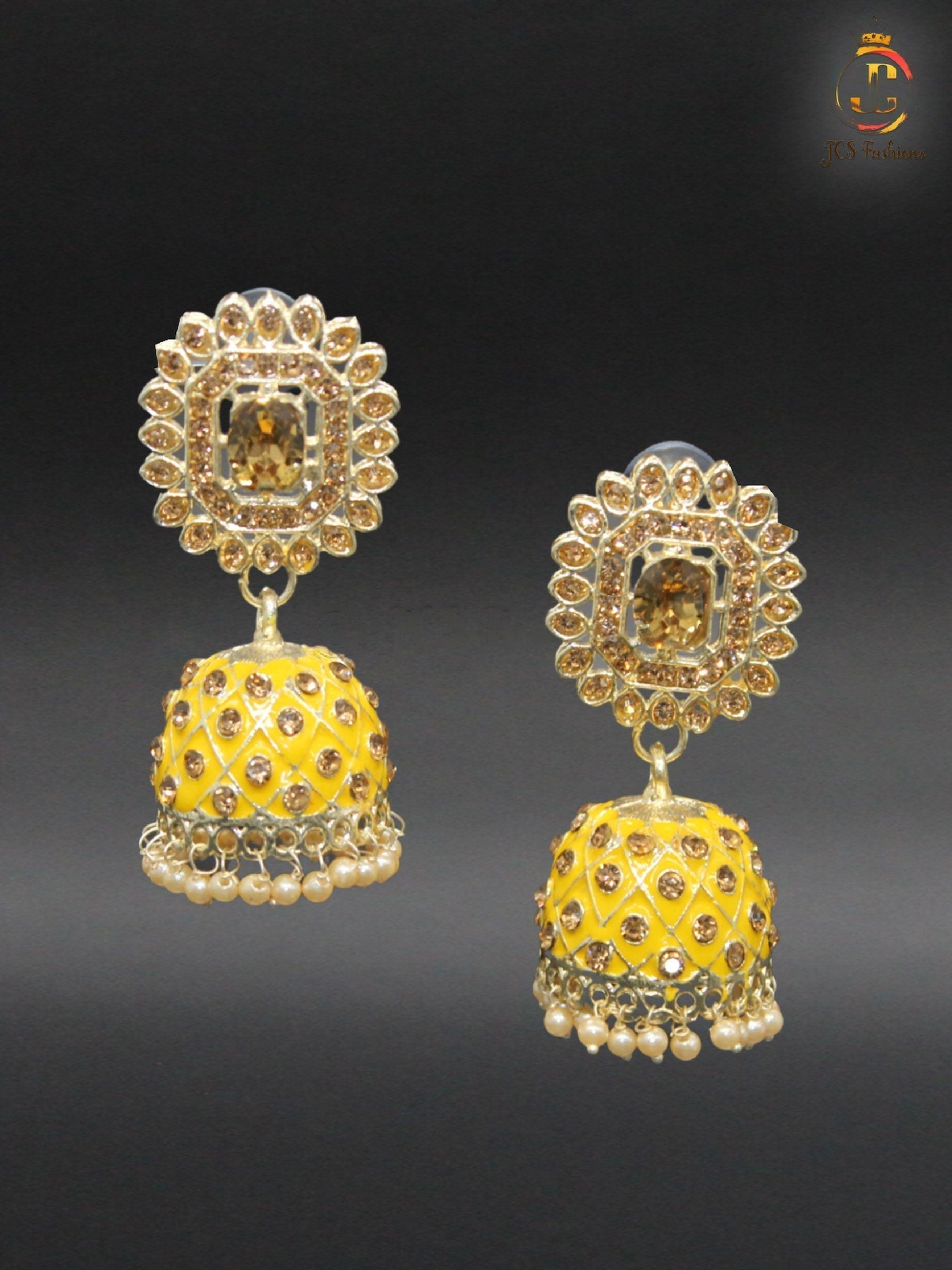 Kundan Jhumka Earrings with Stones and Pearls Jewelry JCS Fashions Yellow 2.5 inch