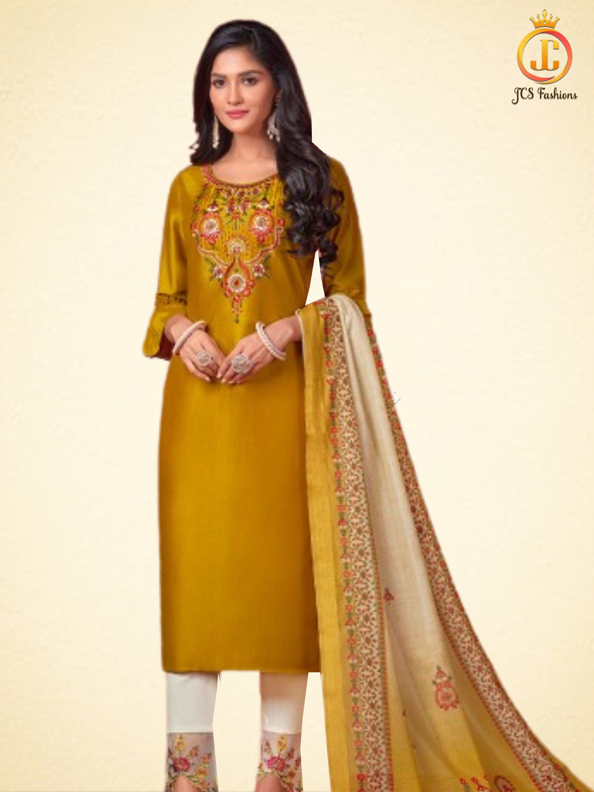 Indian Kurti Set | Bemberg Silk Top | LYCRA Pant | Dupatta KURTI JCS Fashions Mustard Medium (38)