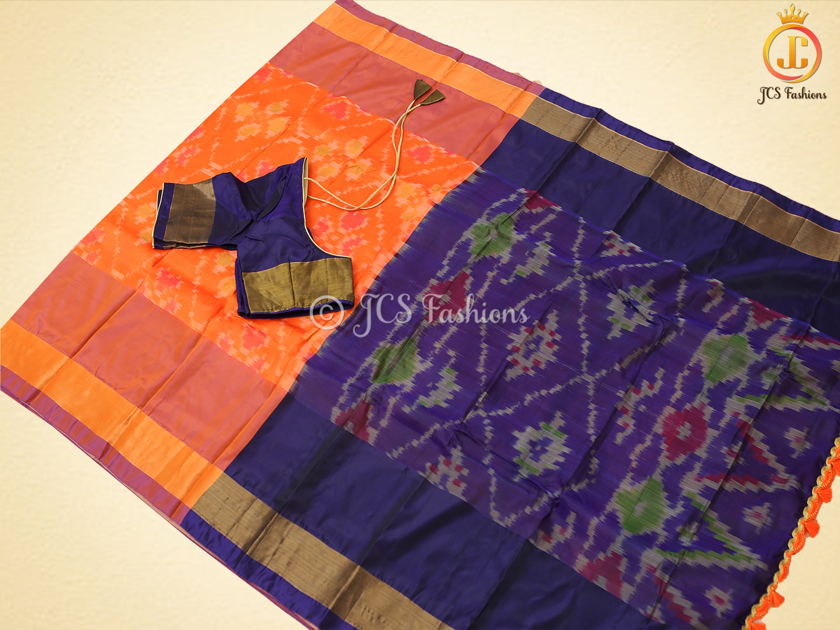 Soft Silk Pochampalli ikkat Saree With Contrast Pallu And Contrast Blouse SAREE JCS Fashions