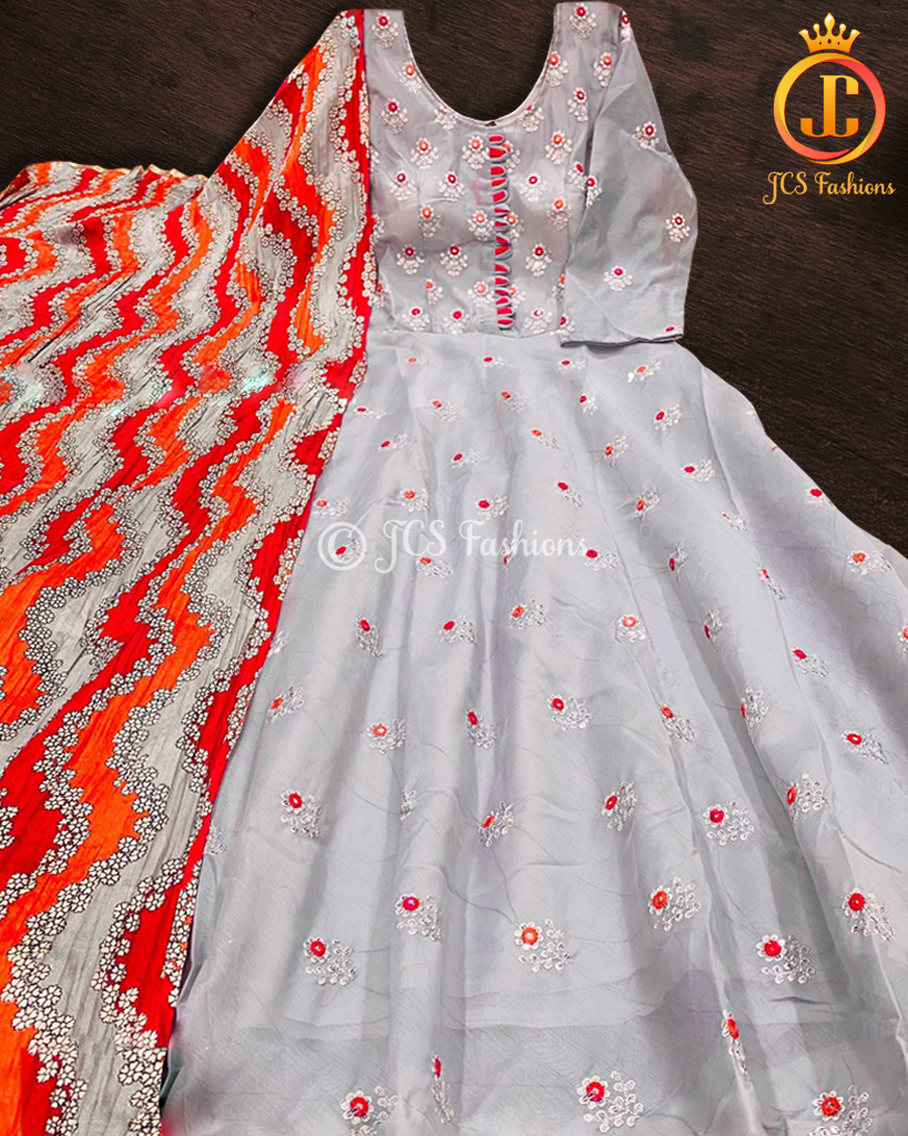 Long gown with mirror and sequins work in grey KURTI JCS Fashions