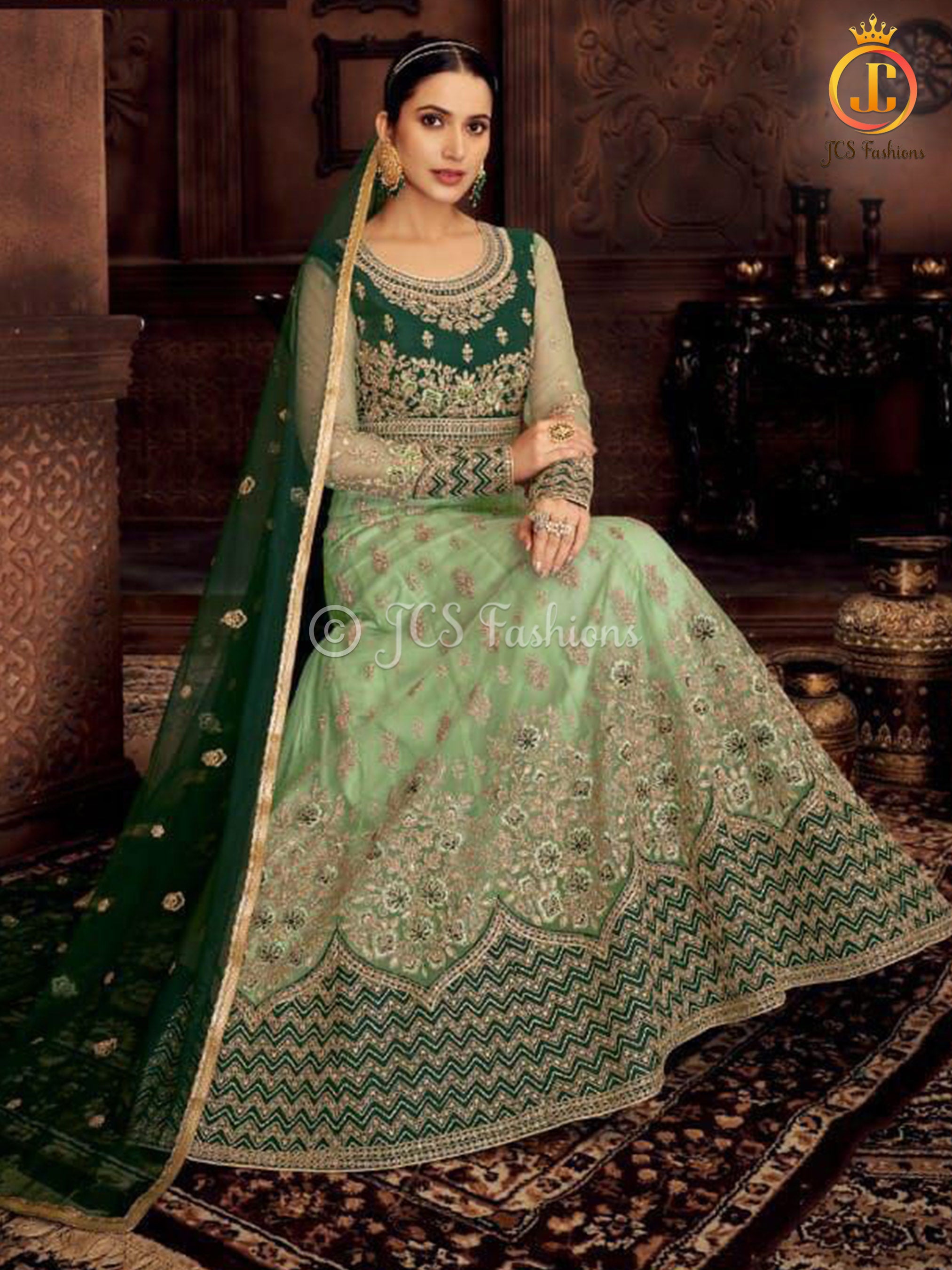 Designer net with embroidery work Floor length Gown | Green KURTI JCS Fashions