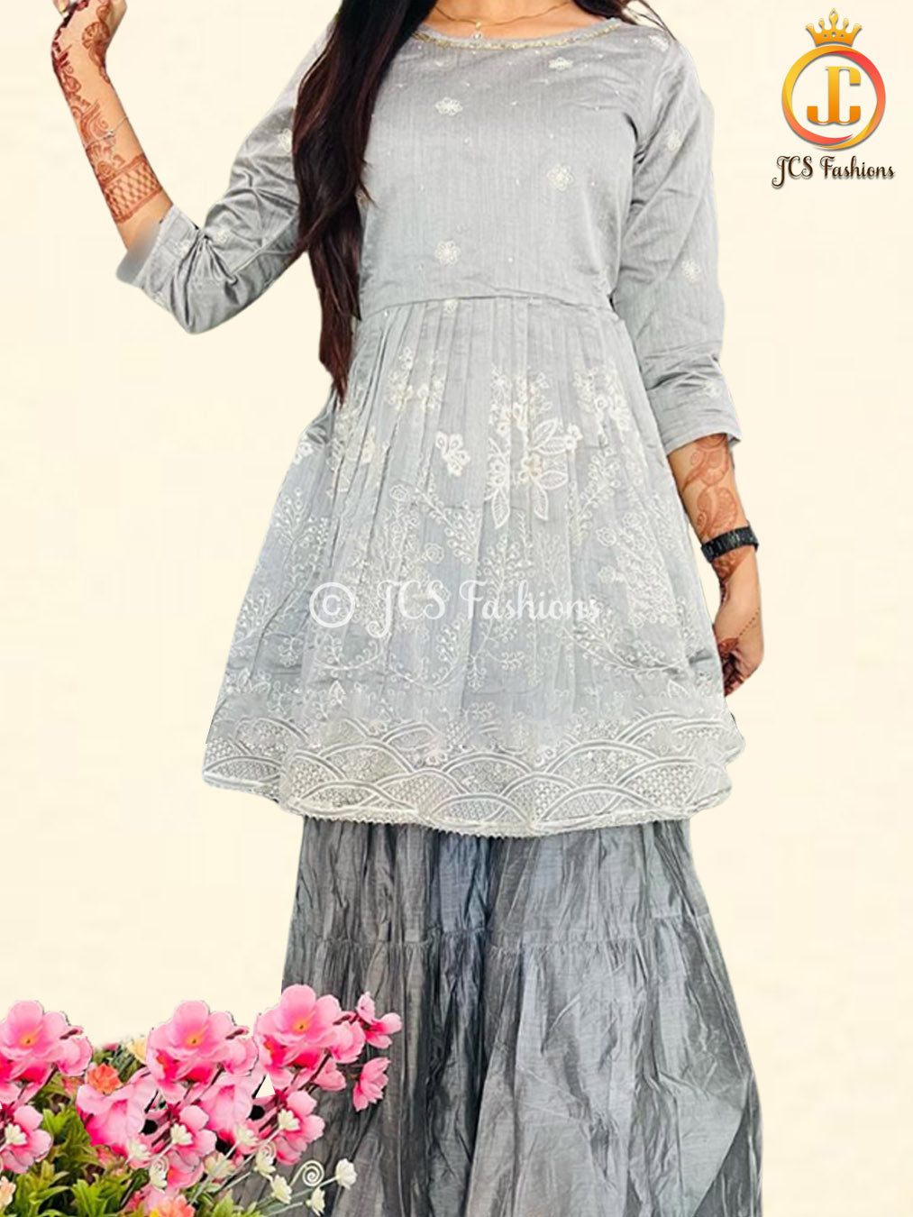 Anarkali Short Kurti With Sharara and Gota Detailing KURTI JCS Fashions Grey Small (36)