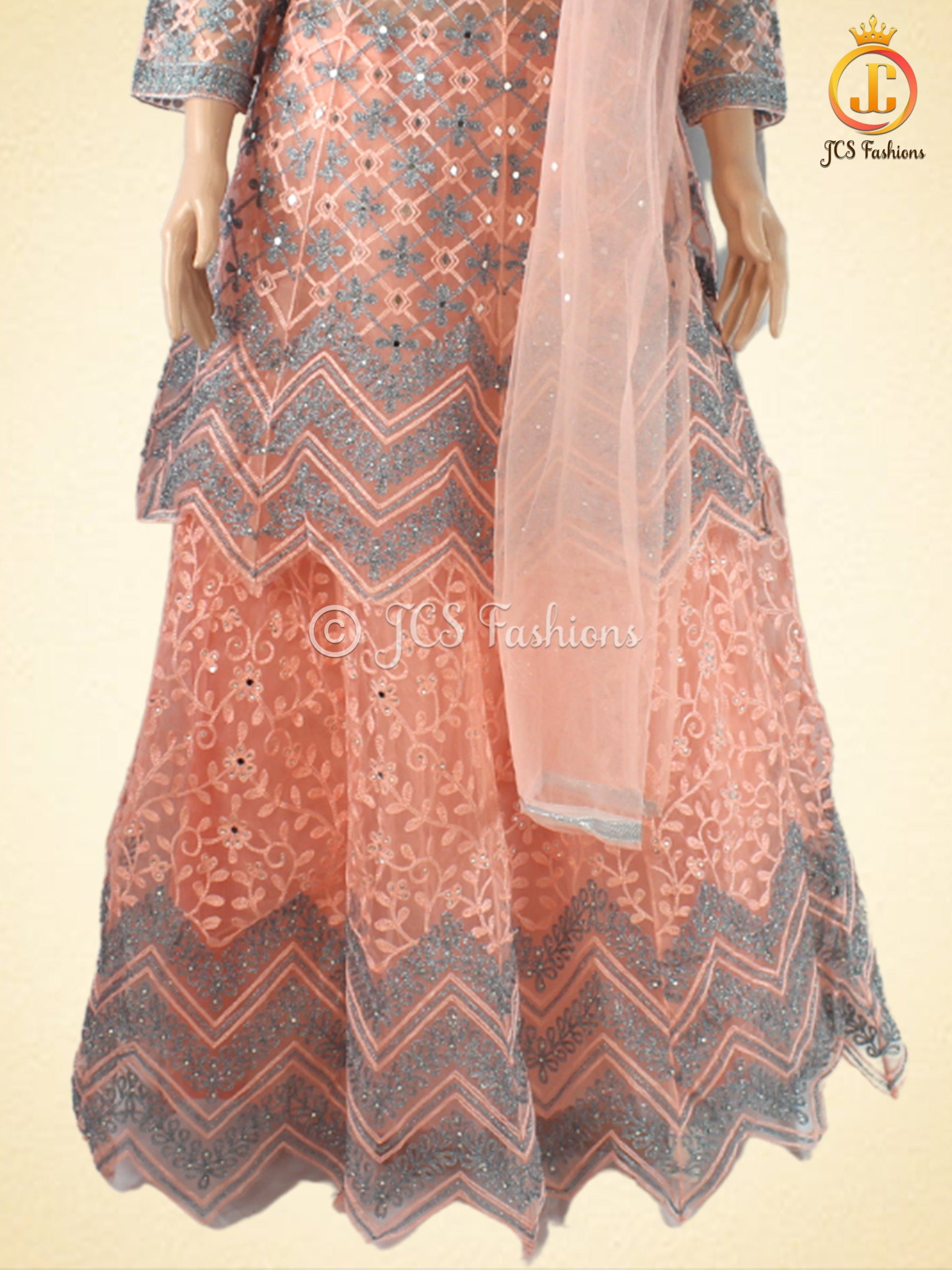 Traditional Embroidery And Mirror Work Soft Net Lehenga LEHANGA JCS Fashions