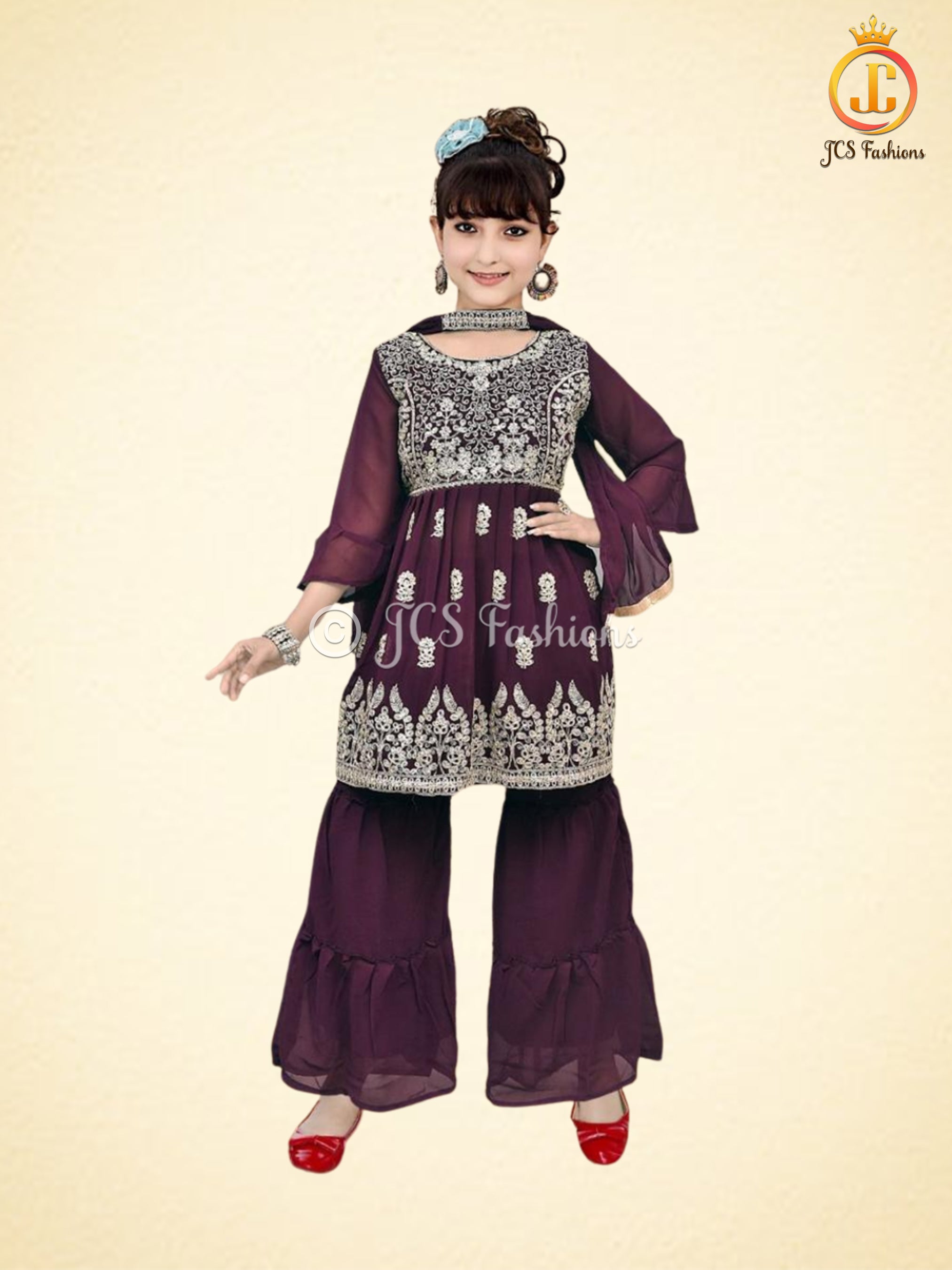 Girls Garara Suite with Embroidery and Stone Work GIRLS JCS Fashions Wine 22