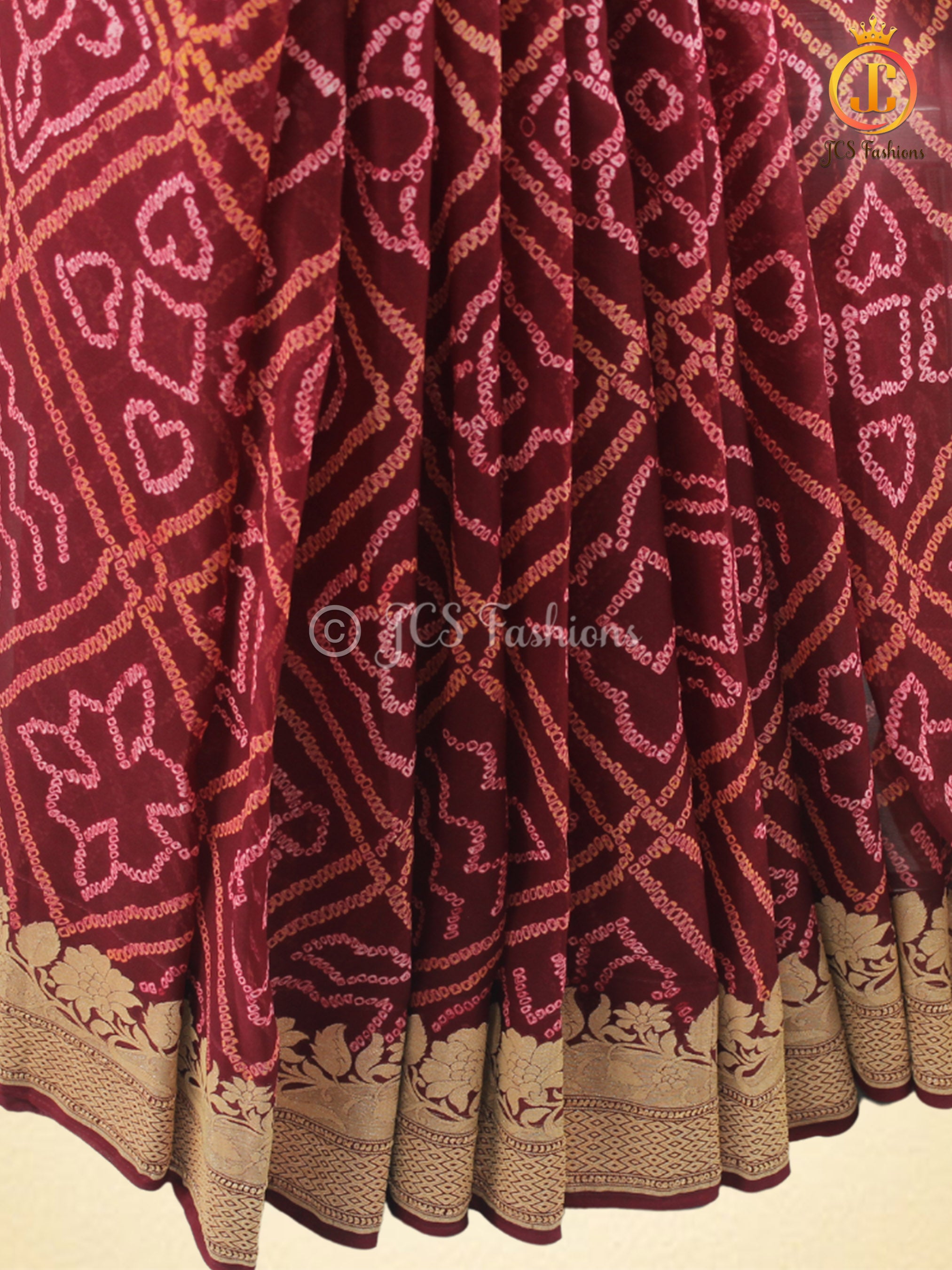 Maroon Pure Khaddi Georgette Rai Bandhej Saree, Silk Mark Certified SAREE JCS Fashions