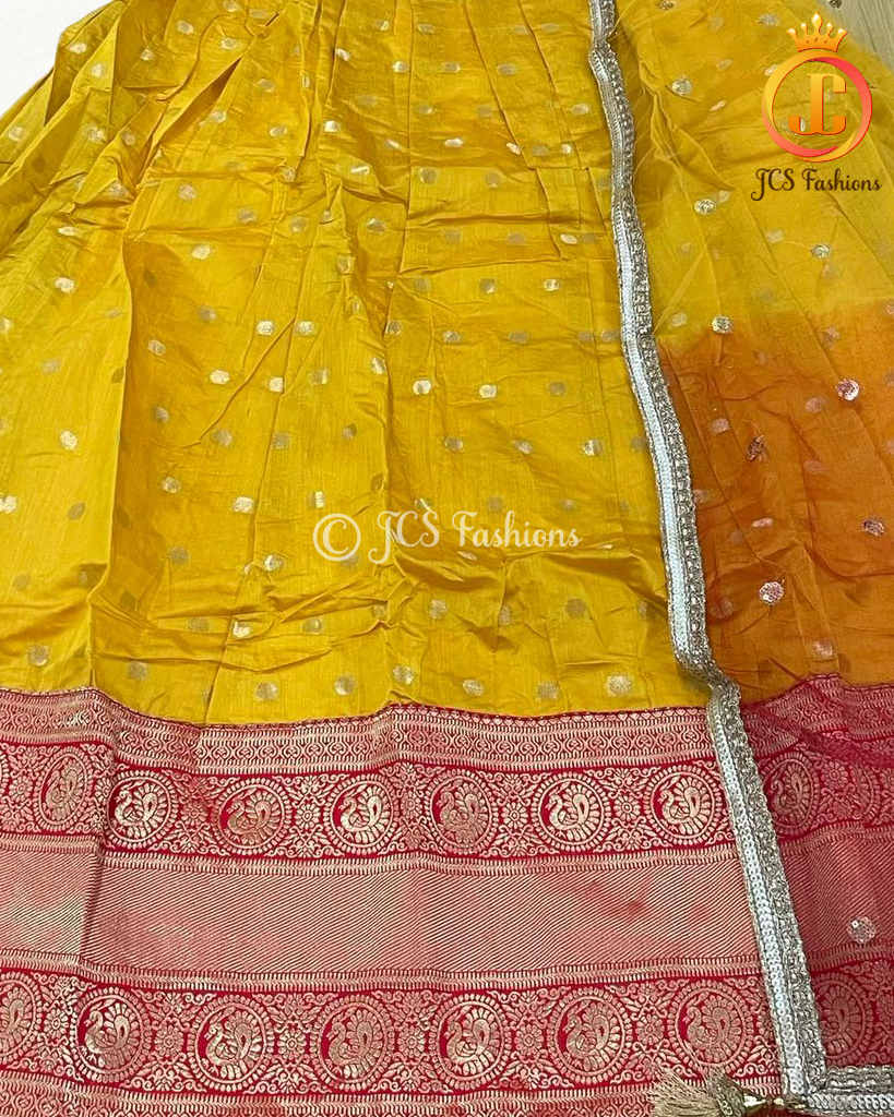 Traditional Long Gown with zari borders in Unique Red and Yellow KURTI JCS Fashions