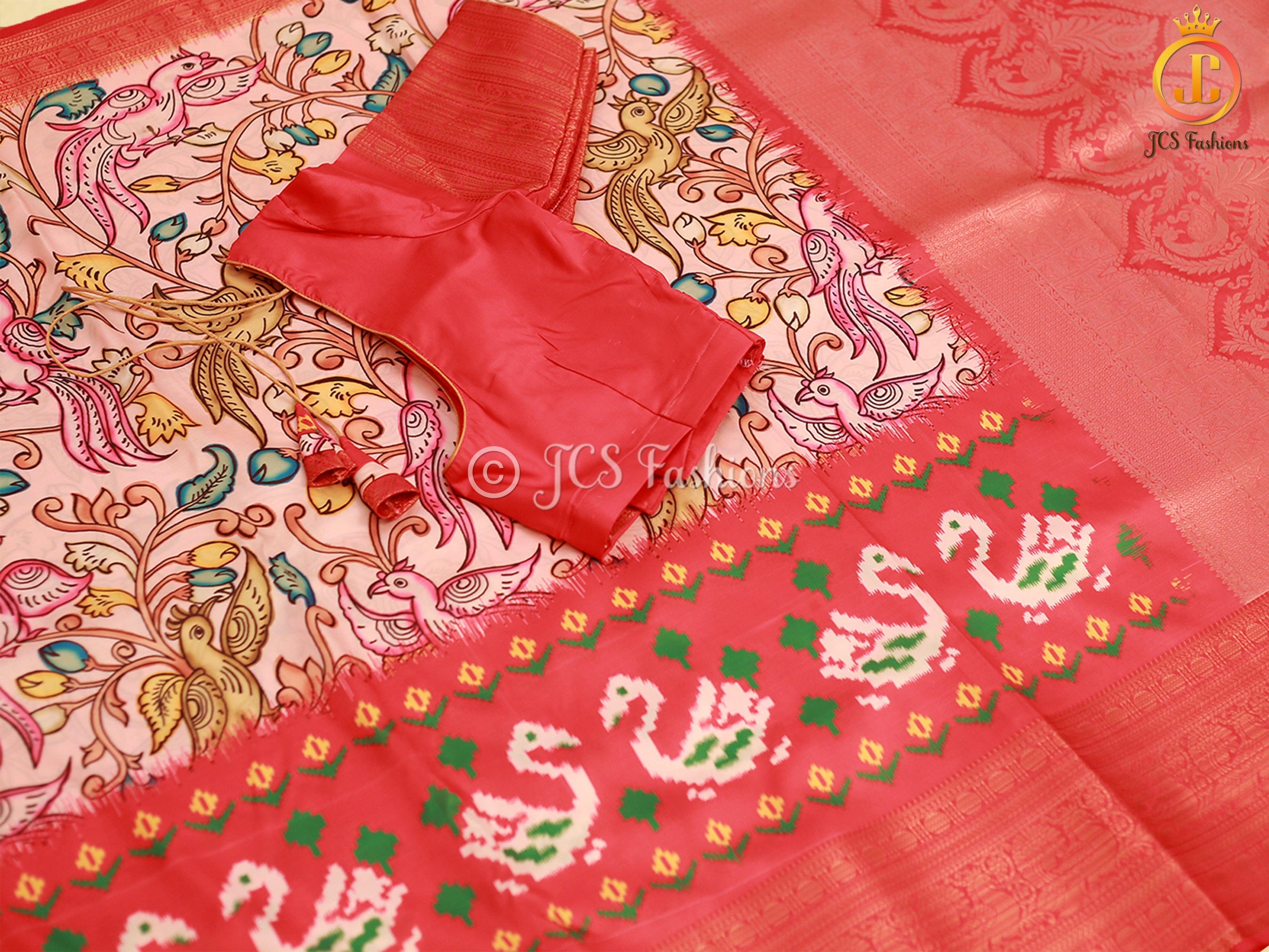 Kanchi Border Soft Silk Saree with Kalamkari and Patola Prints